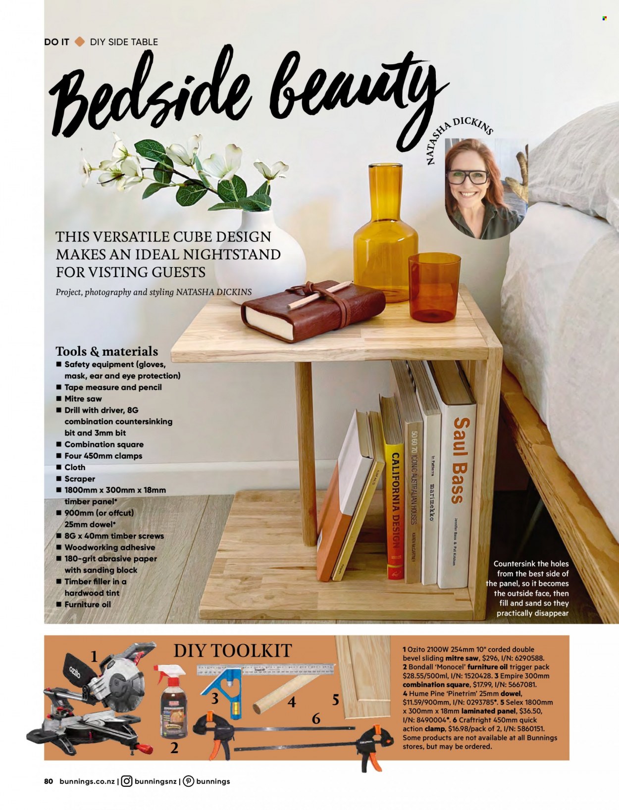 thumbnail - Bunnings Warehouse Catalogue - Sales products - table, sidetable, nightstand, paper, pencil, adhesive, furniture oil, drill, saw, measuring tape. Page 80.