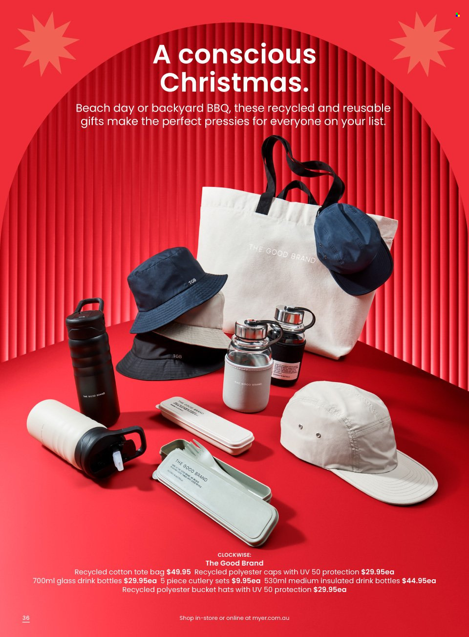 thumbnail - Myer Catalogue - Sales products - cutlery set, bag, tote, cap, hat, tote bag. Page 36.