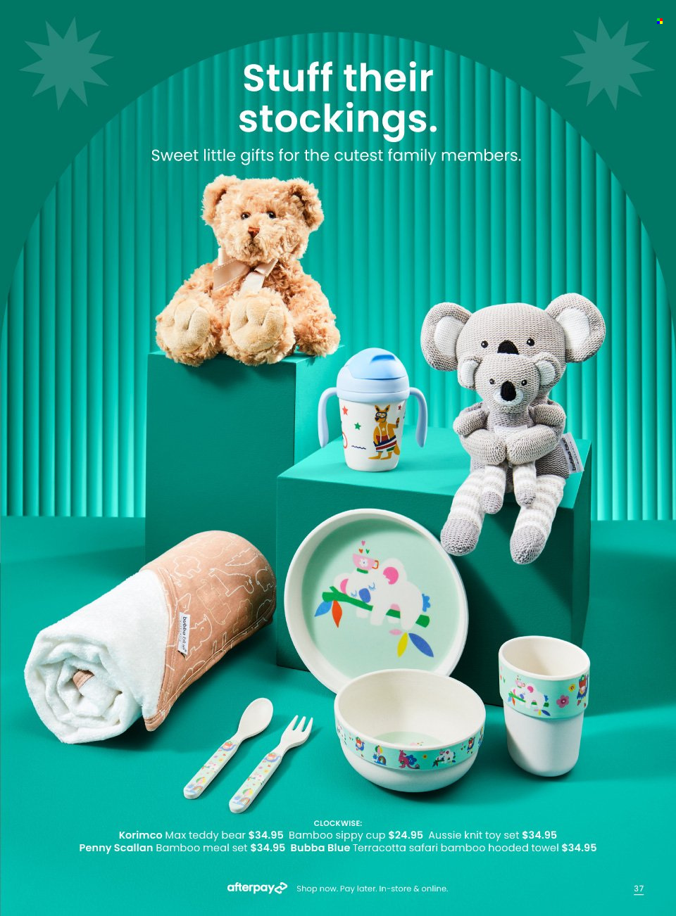 thumbnail - Myer Catalogue - Sales products - Aussie, cup, towel, stockings, toys, teddy. Page 37.