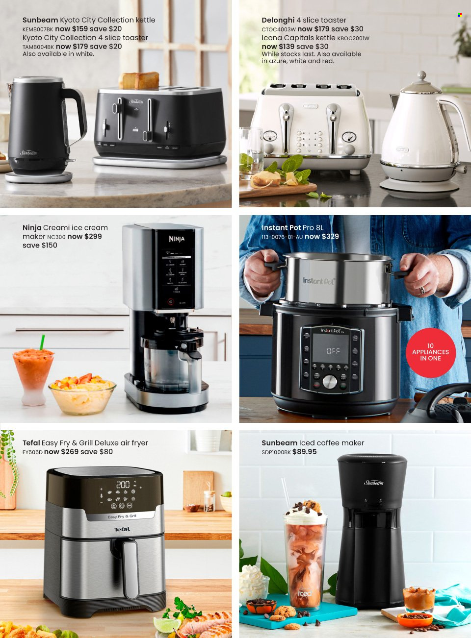 thumbnail - Myer Catalogue - Sales products - Tefal, Kyoto, pot, Sunbeam, coffee machine, De'Longhi, air fryer, Instant Pot, toaster, kettle, ice cream machine. Page 54.