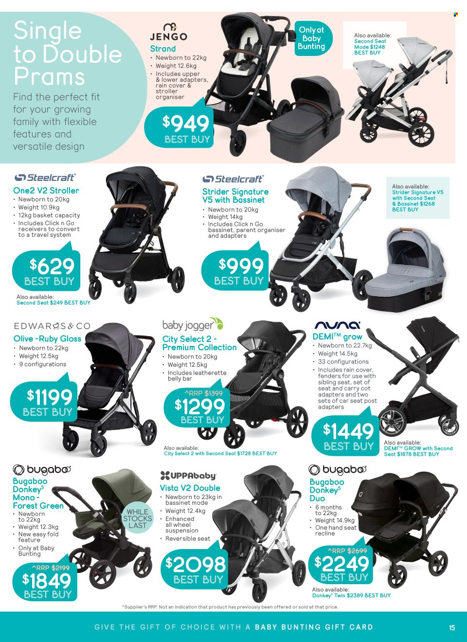 thumbnail - Baby Bunting Catalogue - 9 Nov 2022 - 4 Dec 2022 - Sales products - basket, carry cot, Steelcraft, Bugaboo, baby car seat. Page 15.