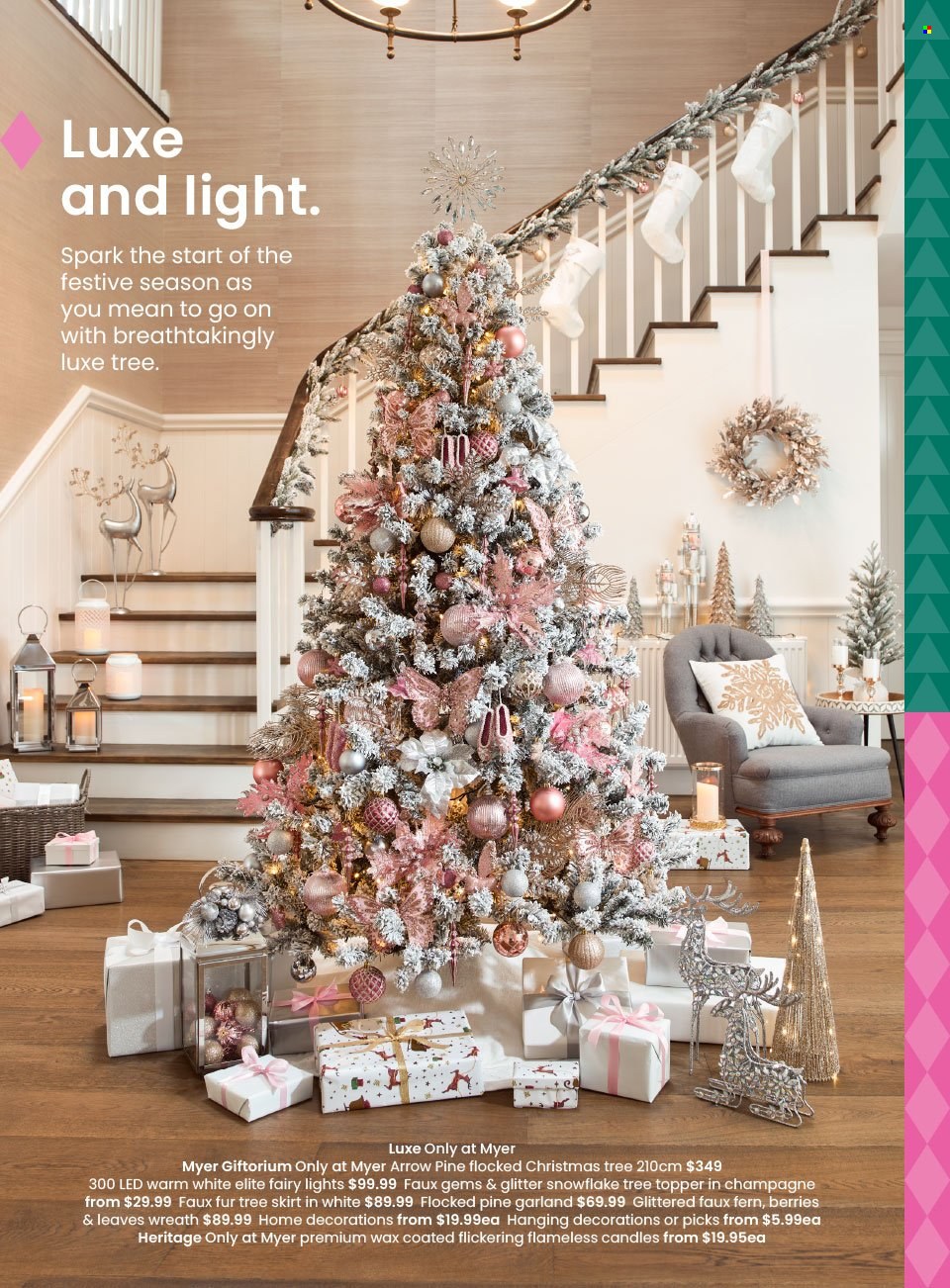 thumbnail - Myer Catalogue - Sales products - glitter, candle, tree skirt, tree topper, wreath, christmas tree, pine garland, garland, skirt. Page 2.
