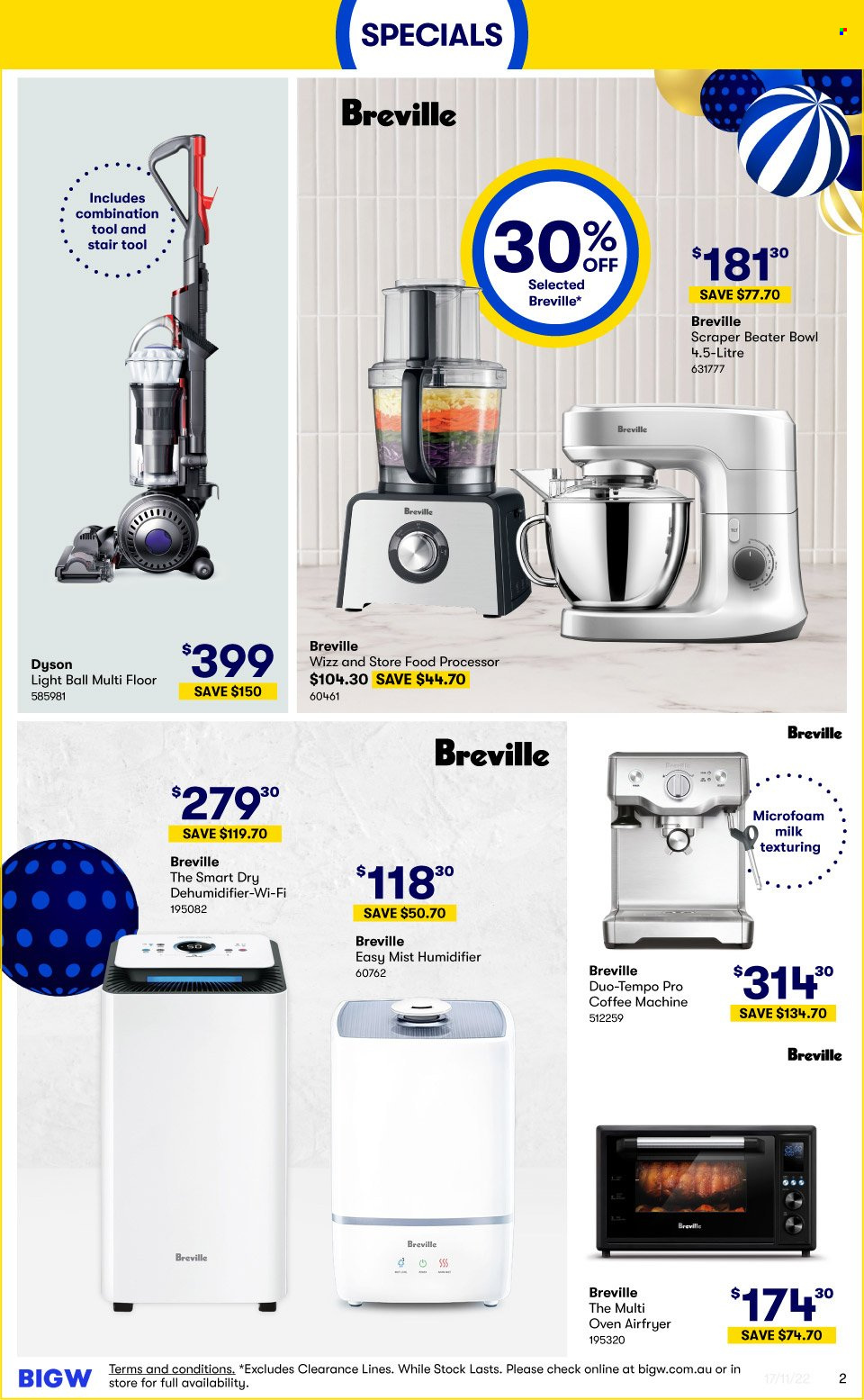thumbnail - BIG W Catalogue - Sales products - bowl, oven, Dyson, coffee machine, air fryer, food processor, humidifier. Page 2.