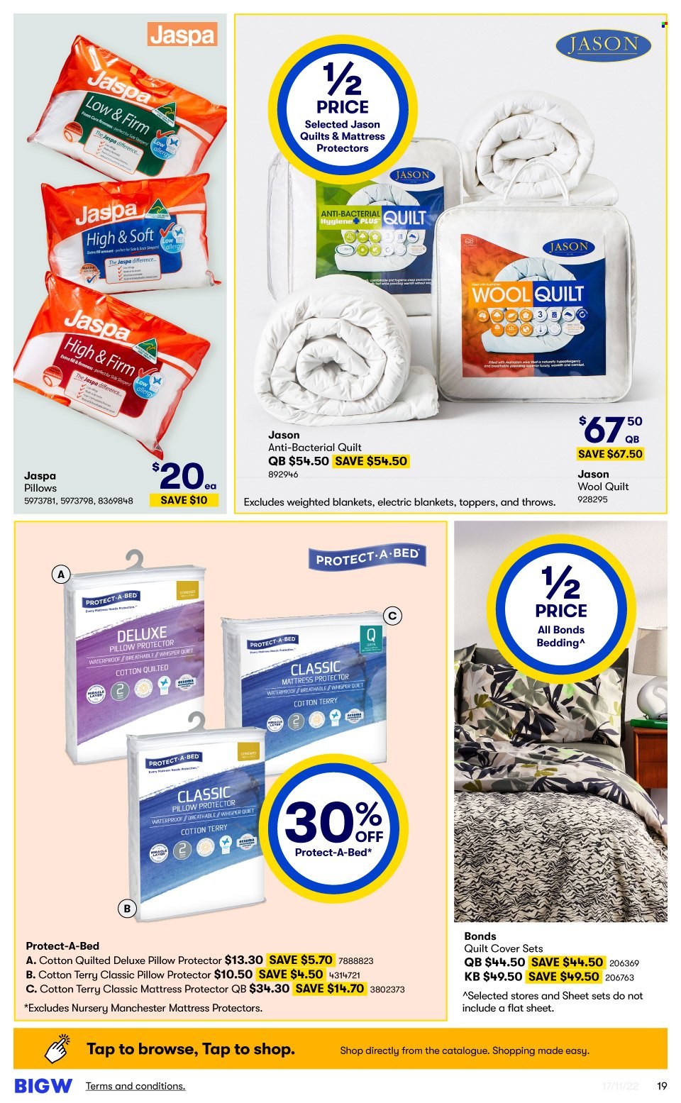 thumbnail - BIG W Catalogue - Sales products - Whisper, bedding, blanket, pillow, quilt, wool quilt, mattress protector, Protect-A-Bed, electric blanket, Bonds. Page 19.