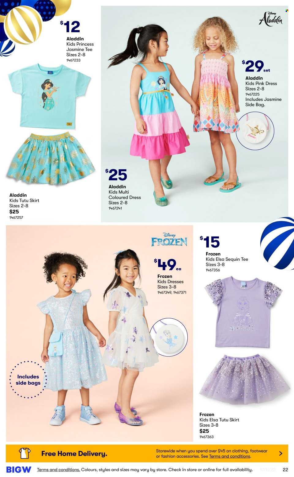 thumbnail - BIG W Catalogue - Sales products - Disney, bag, Aladdin, dress, skirt, t-shirt, princess. Page 22.