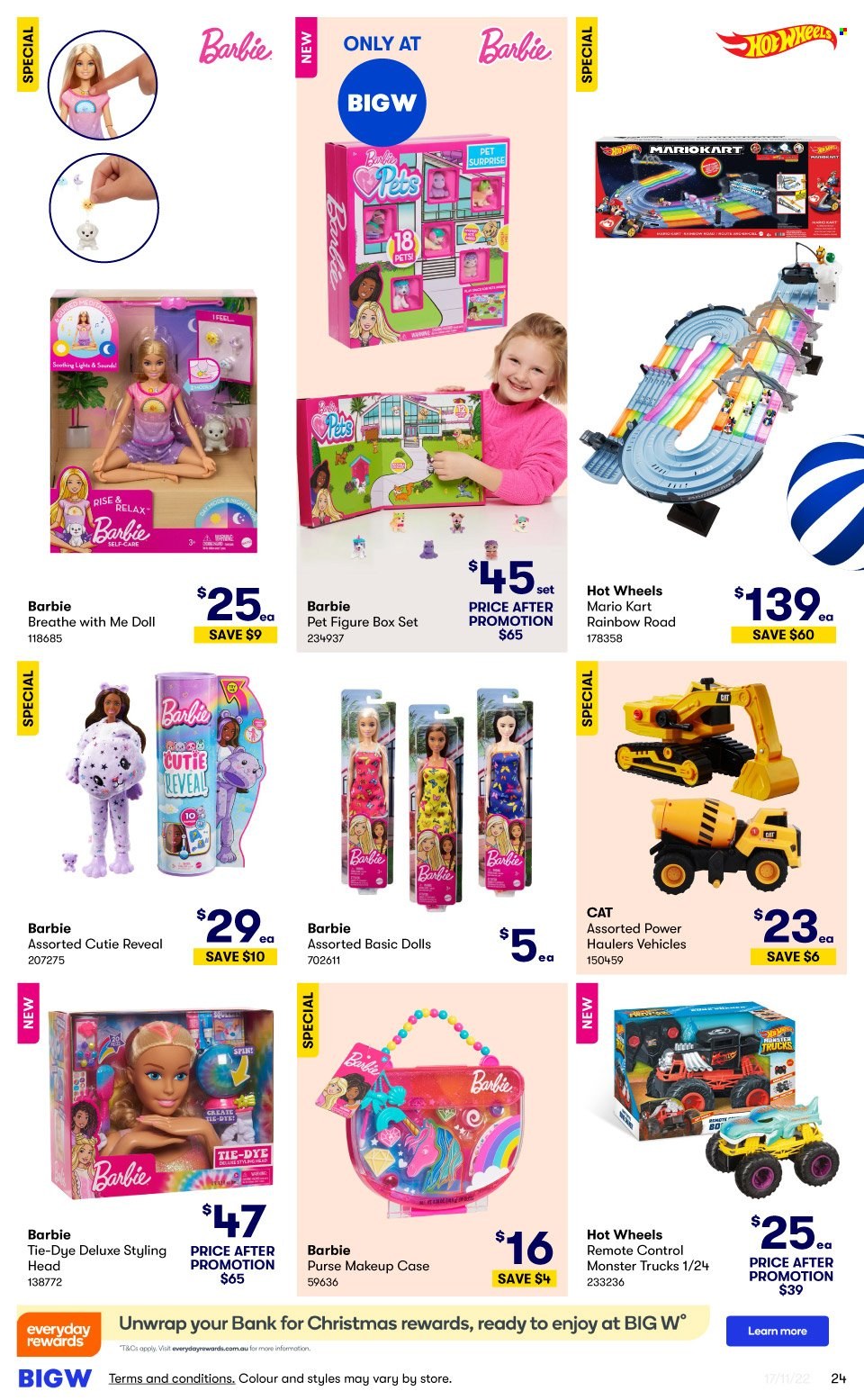 thumbnail - BIG W Catalogue - Sales products - Hot Wheels, makeup, Barbie, remote control, makeup case, doll, styling head, Monster Trucks. Page 24.