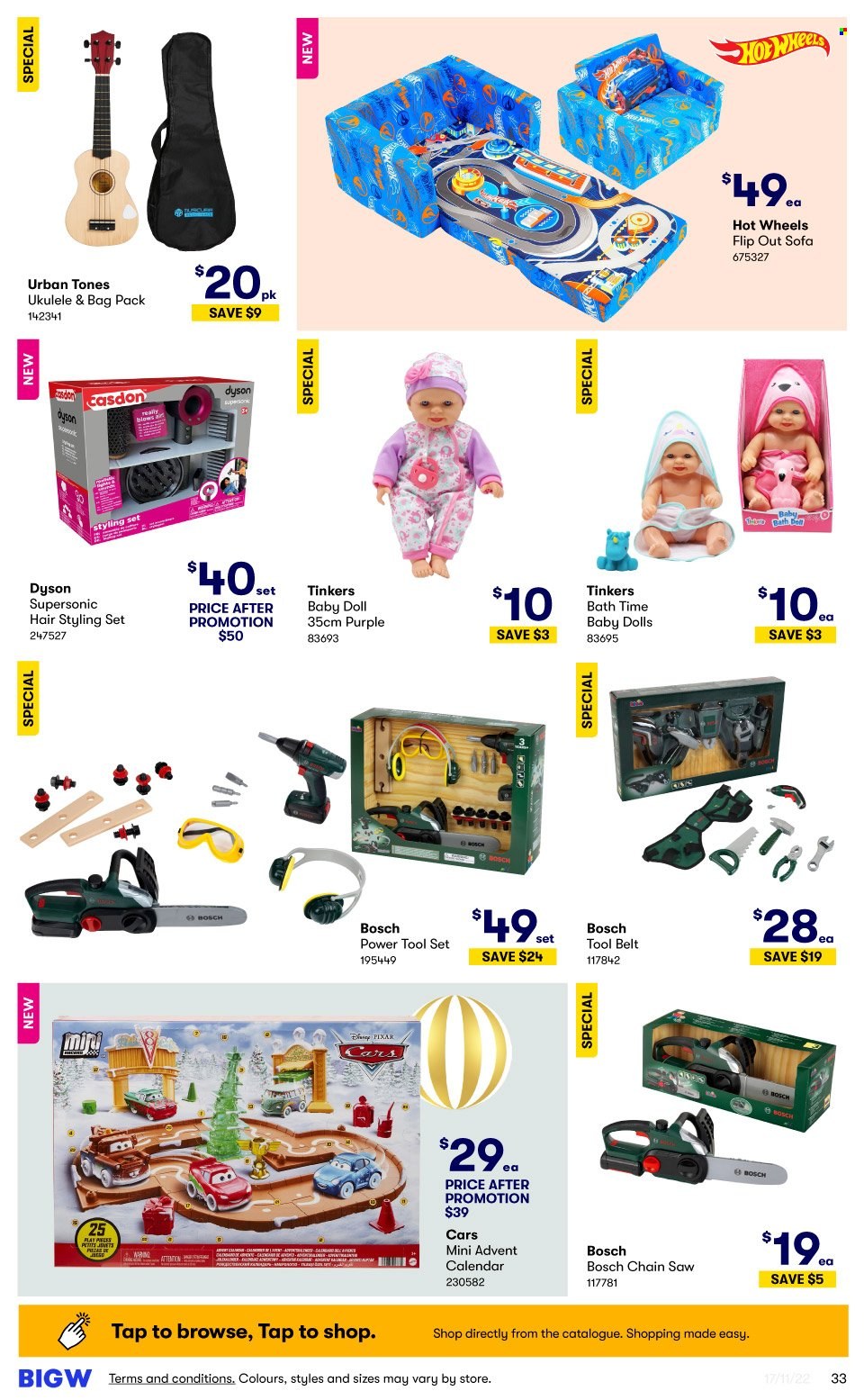 thumbnail - BIG W Catalogue - Sales products - advent calendar, Hot Wheels, bag, calendar, diary, ukulele, Bosch, Dyson, belt, doll, Jordan. Page 33.