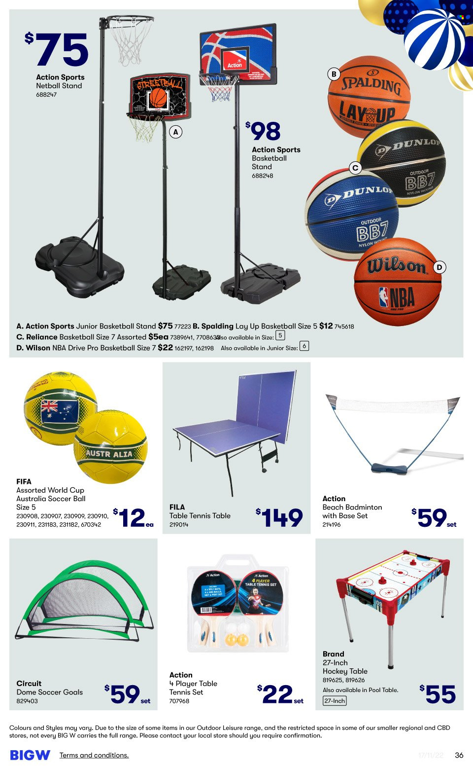 thumbnail - BIG W Catalogue - Sales products - Fila, cup, table, Wilson, Spalding, portable basketball system, basketball, table tennis table, pool table, hockey table. Page 36.