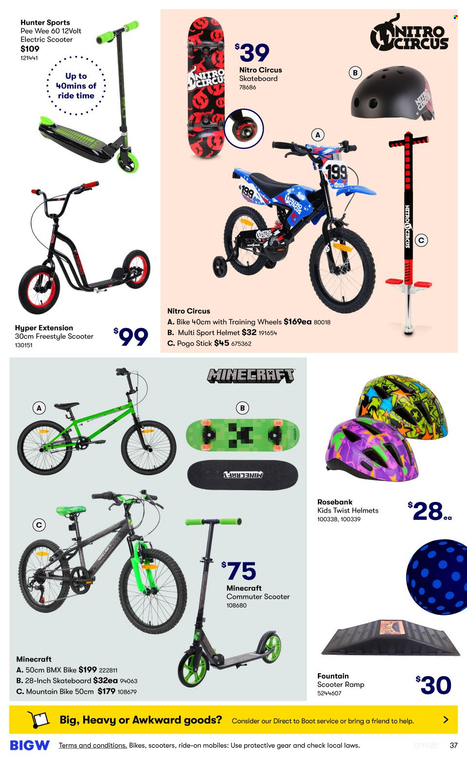 thumbnail - BIG W Catalogue - Sales products - Minecraft, electric scooter, Hunter, helmet, mountain bike, skateboard, pogo stick. Page 37.