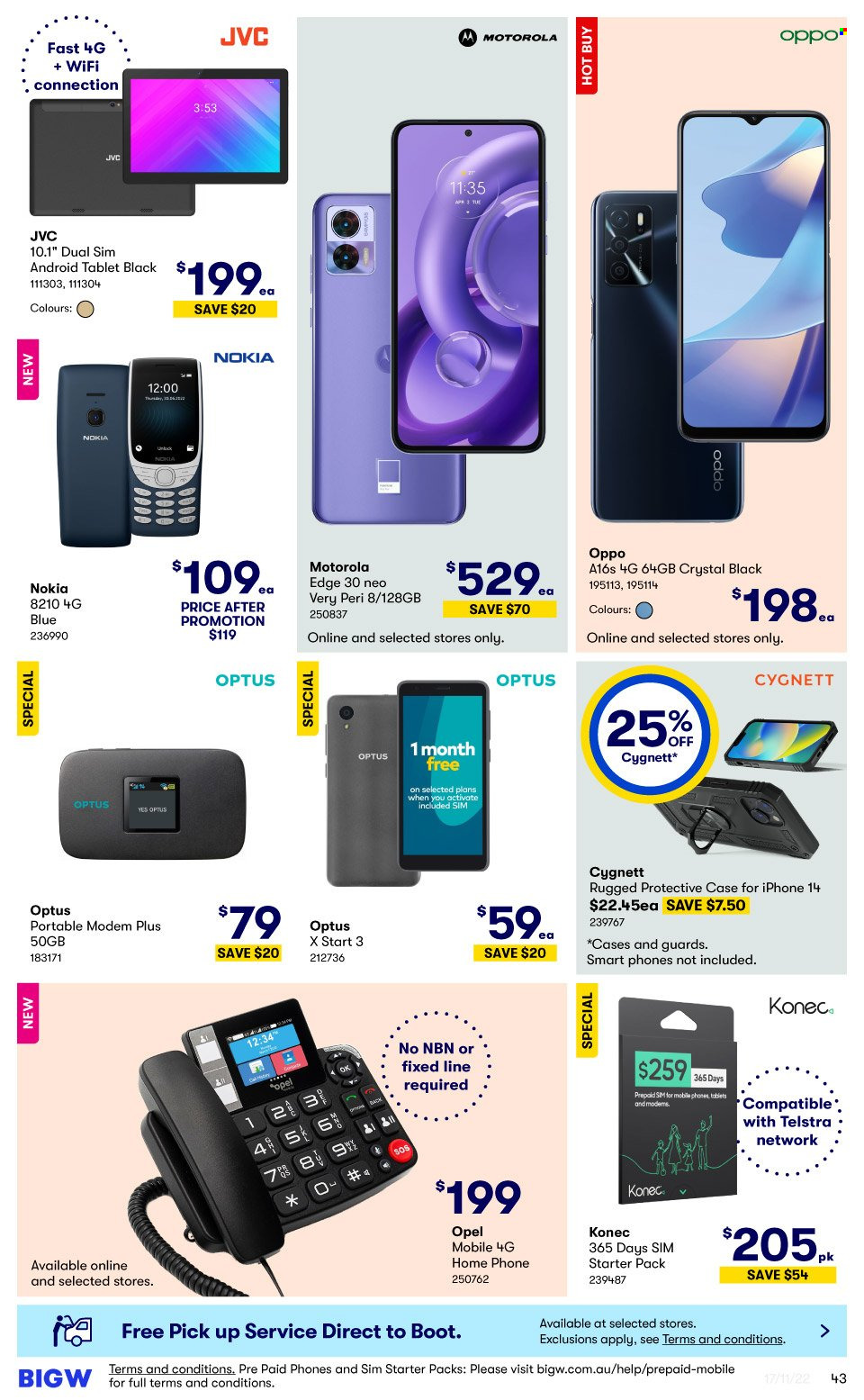 thumbnail - BIG W Catalogue - Sales products - tablet, Motorola, Nokia, Oppo, iPhone, phone, Optus, modem, JVC. Page 43.