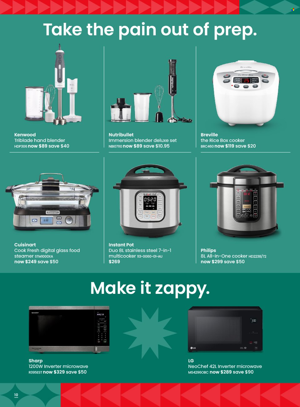 thumbnail - Myer Catalogue - Sales products - Philips, pot, rice cooker, Cuisinart, Sharp, LG, microwave, Instant Pot, NutriBullet, Kenwood, hand blender, food steamer. Page 10.