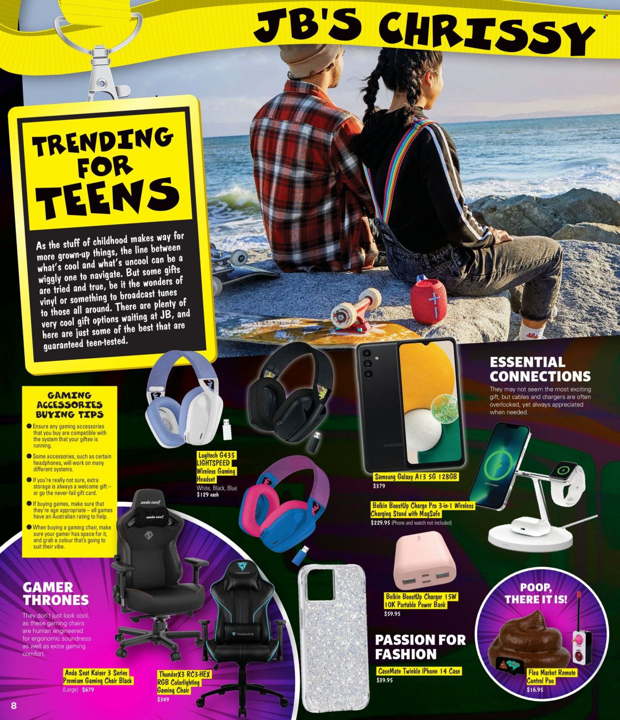 thumbnail - JB Hi-Fi Catalogue - 14 Nov 2022 - 24 Dec 2022 - Sales products - gaming headset, Samsung Galaxy, Samsung, iPhone, phone, charging stand, power bank, Logitech, headphones, headset, remote control, watch. Page 8.