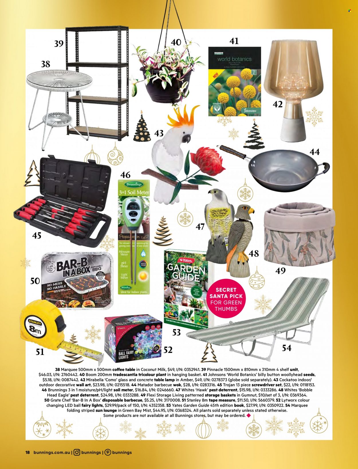 thumbnail - Bunnings Warehouse Catalogue - Sales products - lounge, coffee table, Billy, shelf unit, wok, lamp, Stanley, table lamp, screwdriver, screwdriver set, measuring tape, basket, Yates. Page 18.