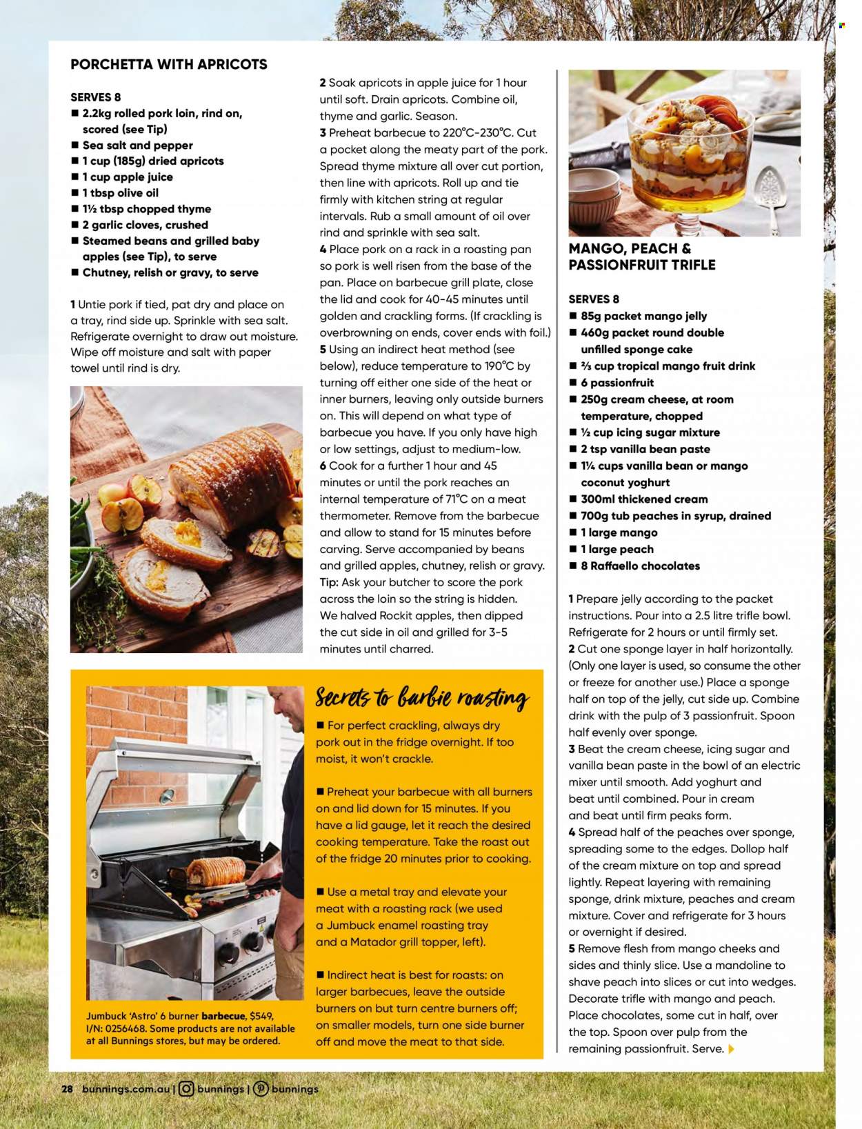 thumbnail - Bunnings Warehouse Catalogue - Sales products - Barbie, lid, spoon, thermometer, plate, pan, trifle bowl, meat thermometer, mixer, grill topper. Page 28.