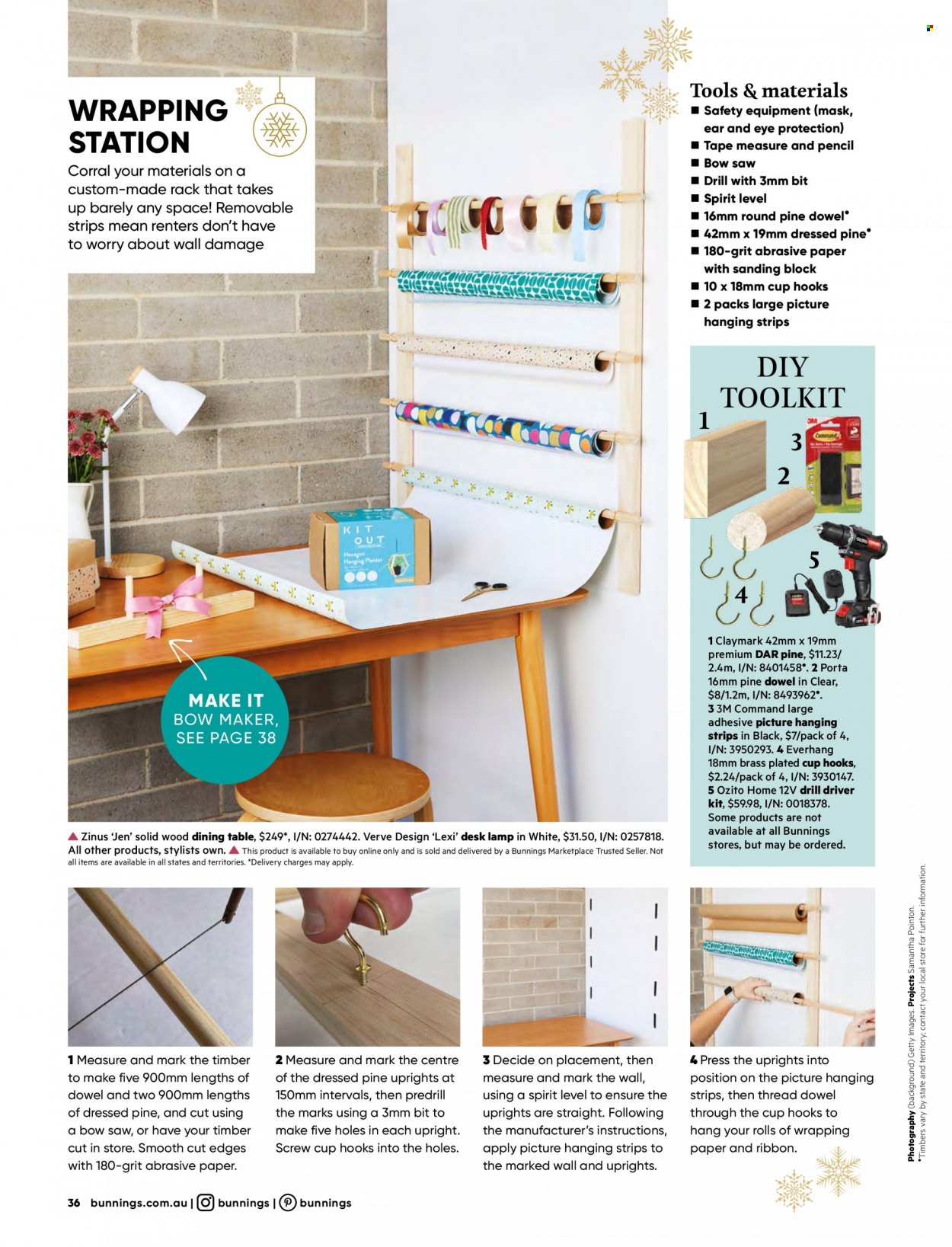 thumbnail - Bunnings Warehouse Catalogue - Sales products - dining table, table, desk, cup, wrapping paper, pencil, ribbon, adhesive, lamp, drill, drill driver kit, saw, bowsaw, measuring tape. Page 36.