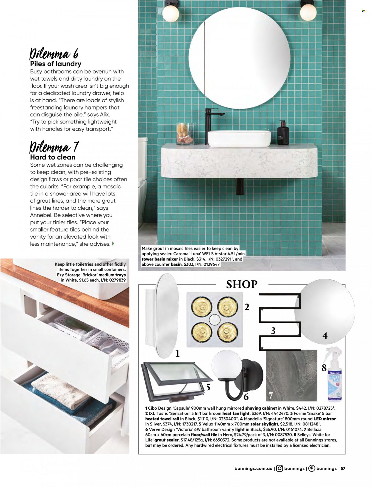 thumbnail - Bunnings Warehouse Catalogue - Sales products - basin mixer, cabinet, bathroom vanity, vanity, mirror, vanity lights, porcelain tile. Page 57.