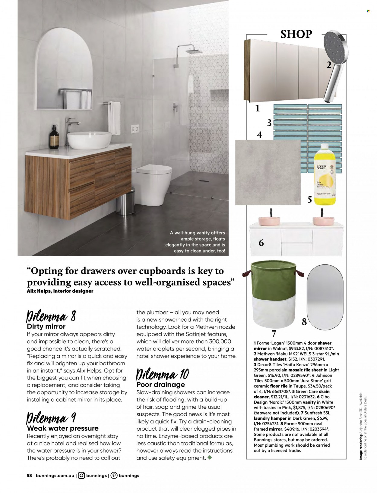 thumbnail - Bunnings Warehouse Catalogue - Sales products - showerhead, cabinet, vanity, desk, mirror, shaver, floor tile. Page 58.