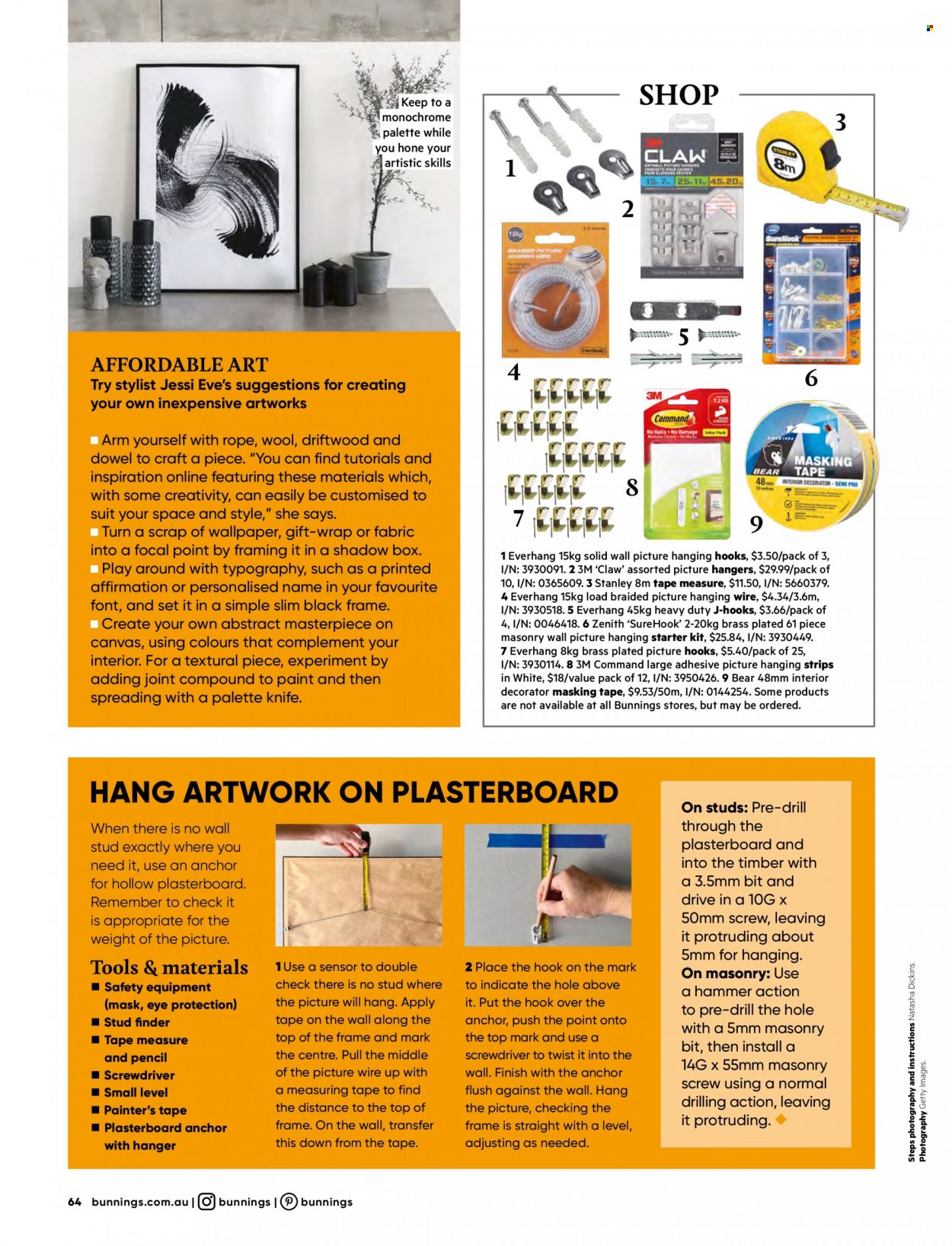 thumbnail - Bunnings Warehouse Catalogue - Sales products - knife, pencil, canvas, Anchor, masking tape, paint, wallpaper, Stanley, drill, screwdriver, measuring tape. Page 64.