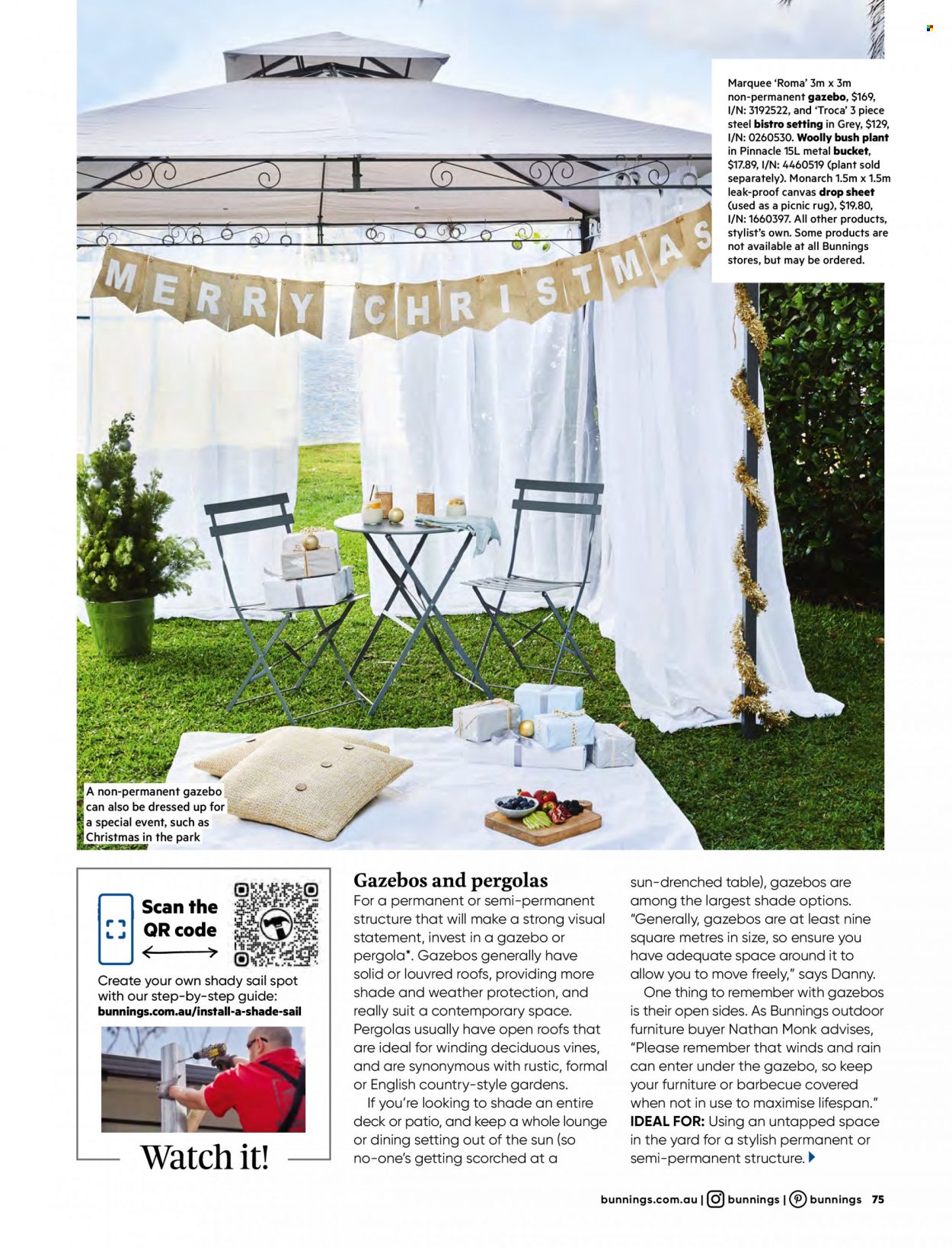 thumbnail - Bunnings Warehouse Catalogue - Sales products - table, lounge, outdoor furniture, canvas, plastic drop sheet, rug, gazebo, pergola. Page 75.