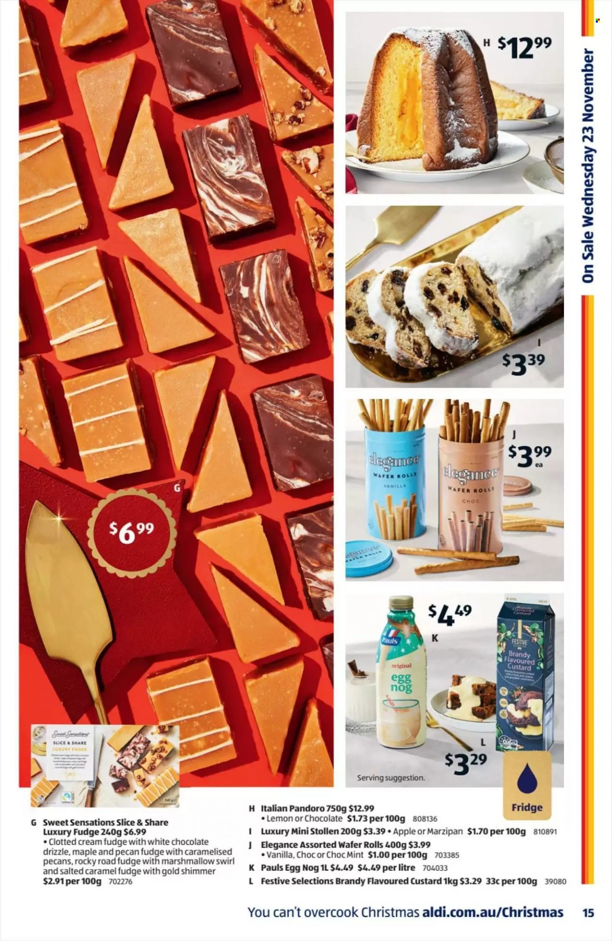 thumbnail - ALDI Catalogue - 23 Nov 2022 - 29 Nov 2022 - Sales products - mini stollen, stollen, custard, eggs, fudge, wafers, white chocolate, chocolate, marshmallows, marzipan, pecans, brandy. Page 15.