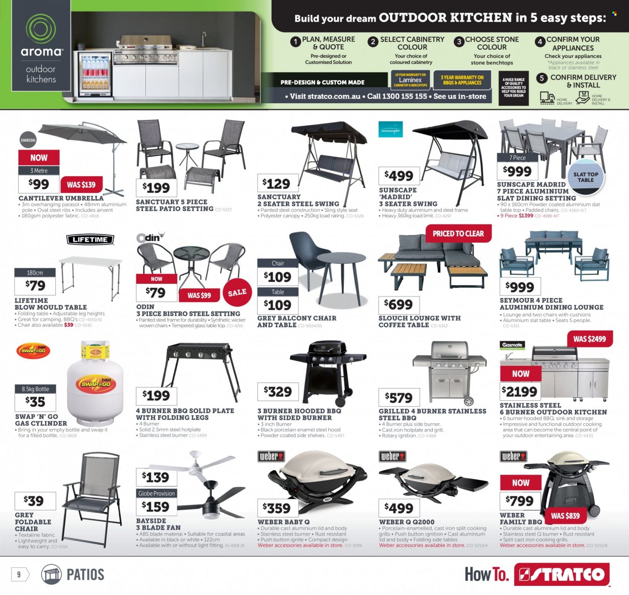thumbnail - Stratco Catalogue - 18 Nov 2022 - 4 Dec 2022 - Sales products - table, chair, lounge, coffee table, folding table, cushion, sink, lid, plate, ceiling fan, umbrella, Weber. Page 9.
