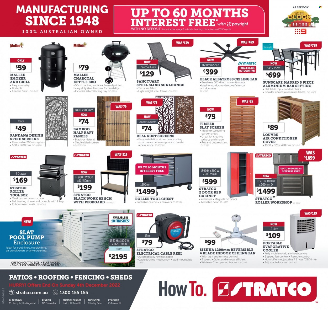 thumbnail - Stratco Catalogue - 18 Nov 2022 - 4 Dec 2022 - Sales products - cabinet, table, work bench, chair, bench, shelves, eraser, air conditioner, ceiling fan, roller, aluminium frame, tool box, tool chest, smoker, fire bowl, pool, pump, pool pump. Page 12.