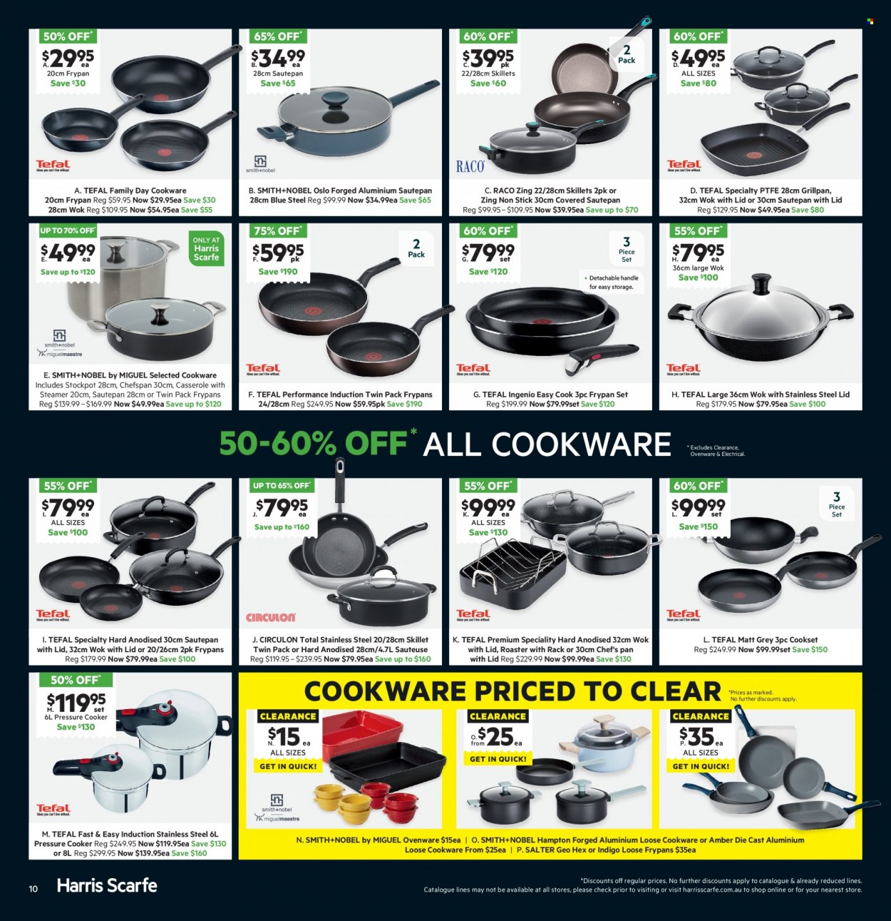 thumbnail - Harris Scarfe Catalogue - Sales products - Tefal, cookware set, pressure cooker, wok, casserole, stockpot, frying pan, Smith+Nobel, roaster. Page 10.