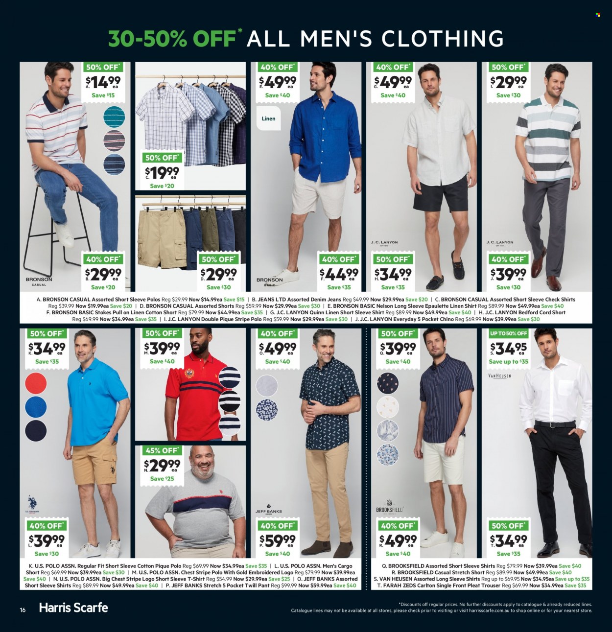 thumbnail - Harris Scarfe Catalogue - Sales products - Bronson, linens, U.S. POLO ASSN, shorts, jeans, Denim, long-sleeve shirt, t-shirt. Page 16.