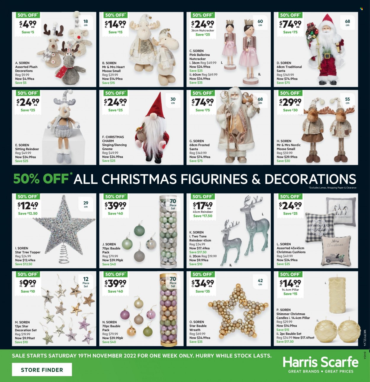 thumbnail - Harris Scarfe Catalogue - Sales products - wrapping paper, bauble, candle, cushion, reindeer, tree topper, wreath, Lemax. Page 24.