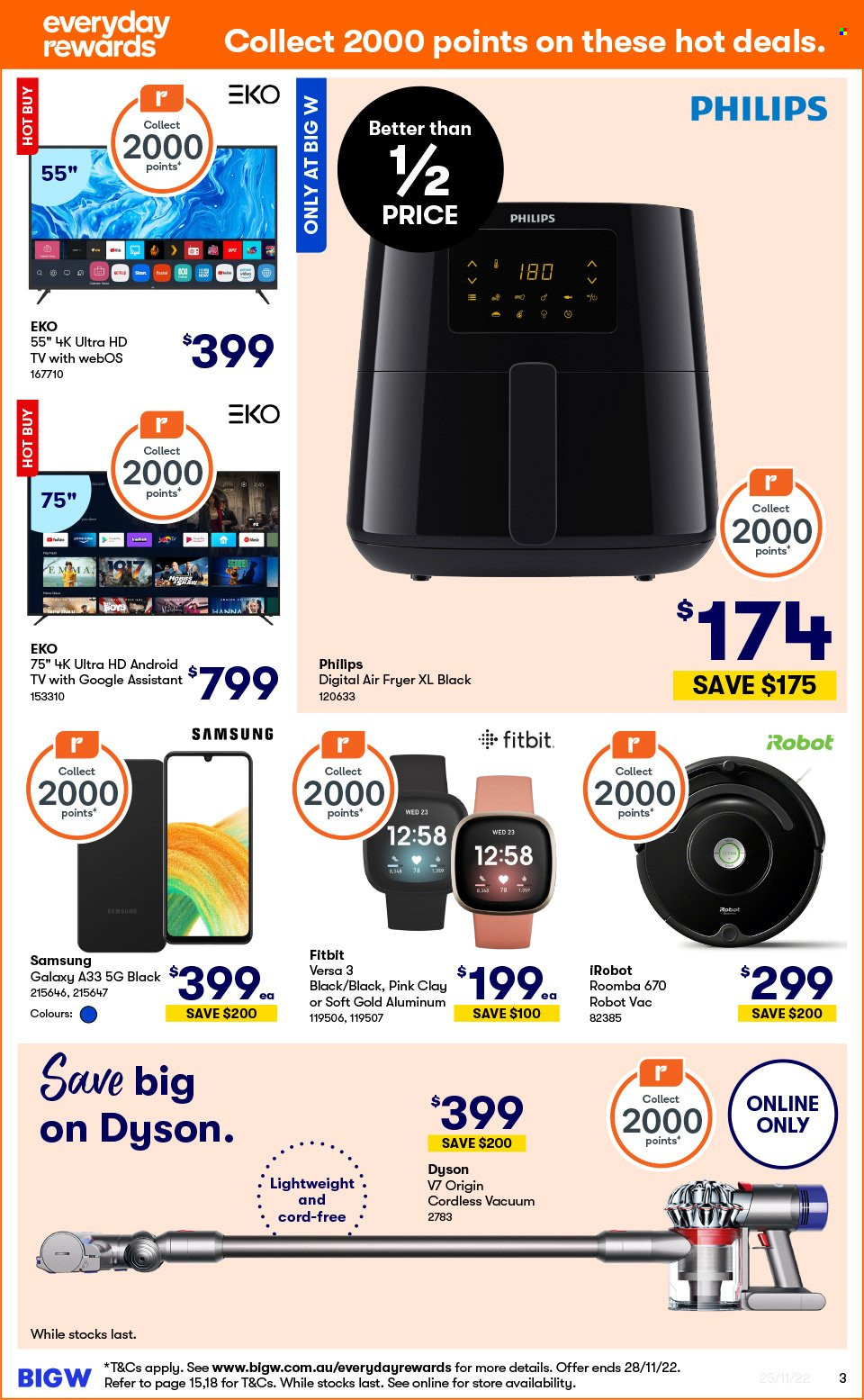 thumbnail - BIG W Catalogue - Sales products - Philips, Samsung Galaxy, Samsung, Fitbit, Android TV, UHD TV, ultra hd, HDTV, TV, Dyson, Roomba, iRobot, robot vacuum, air fryer, robot. Page 3.