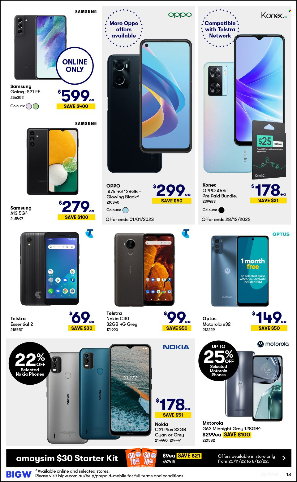 thumbnail - BIG W Catalogue - Sales products - Samsung Galaxy, Motorola, Samsung, Nokia, Oppo, Samsung Galaxy S, Samsung Galaxy S21, Optus. Page 18.
