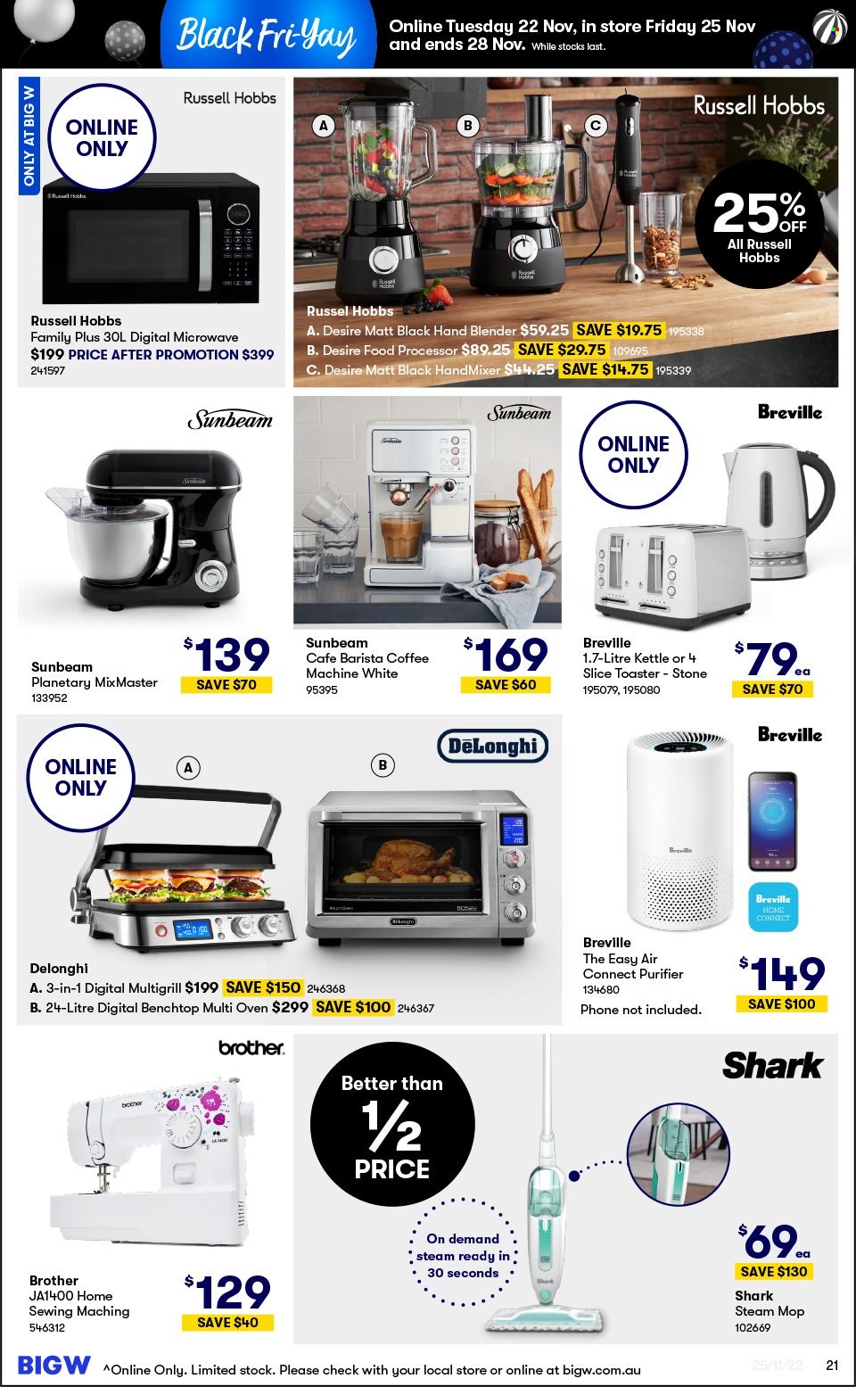 thumbnail - BIG W Catalogue - Sales products - mop, Brother, Sunbeam, phone, oven, microwave, coffee machine, De'Longhi, Russell Hobbs, food processor, hand blender, toaster, steam cleaner. Page 21.