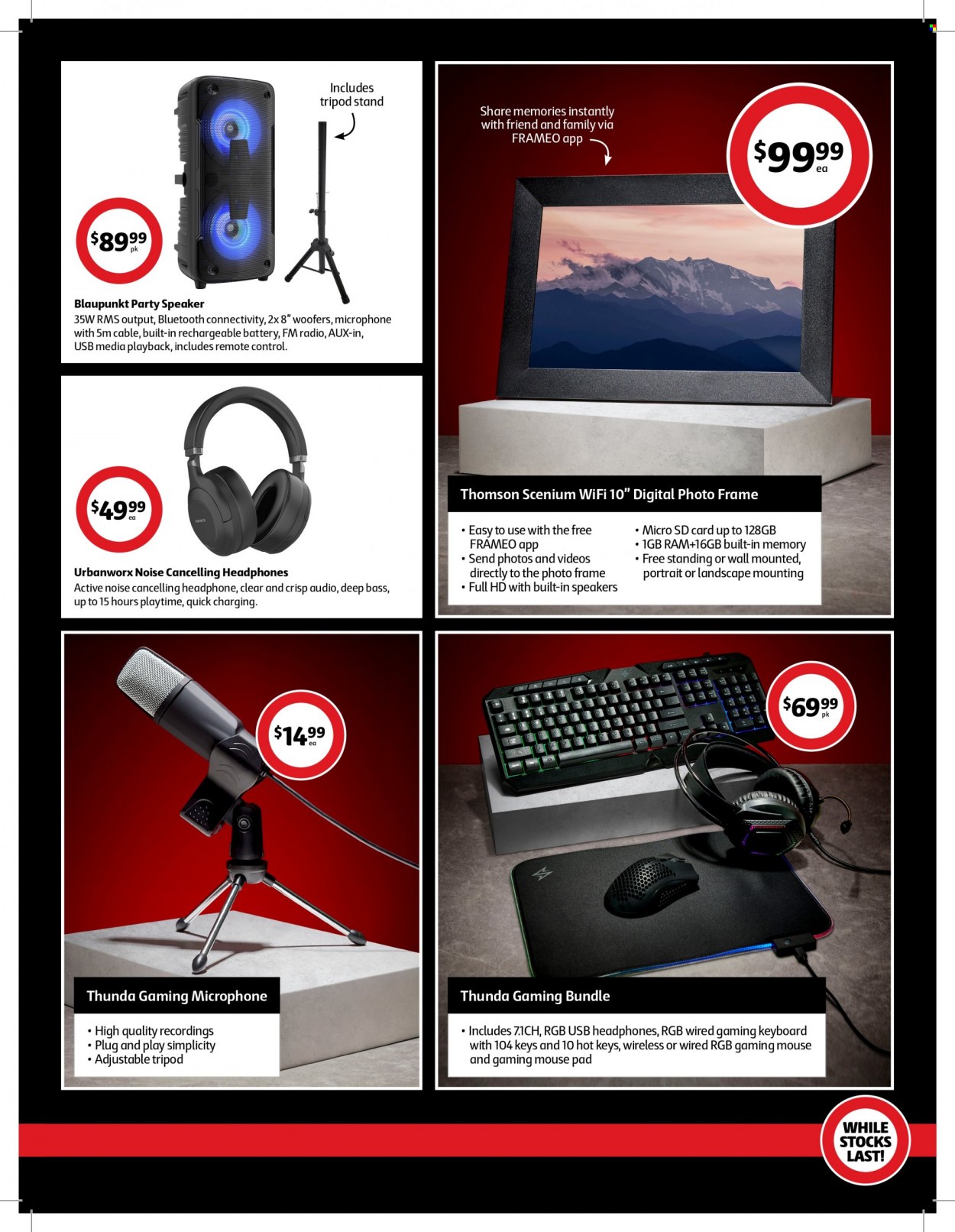 thumbnail - Coles Catalogue - 25 Nov 2022 - 1 Dec 2022 - Sales products - photo frame, rechargeable battery, keyboard, mouse, radio, Thomson, speaker, microphone, headphones, remote control. Page 3.