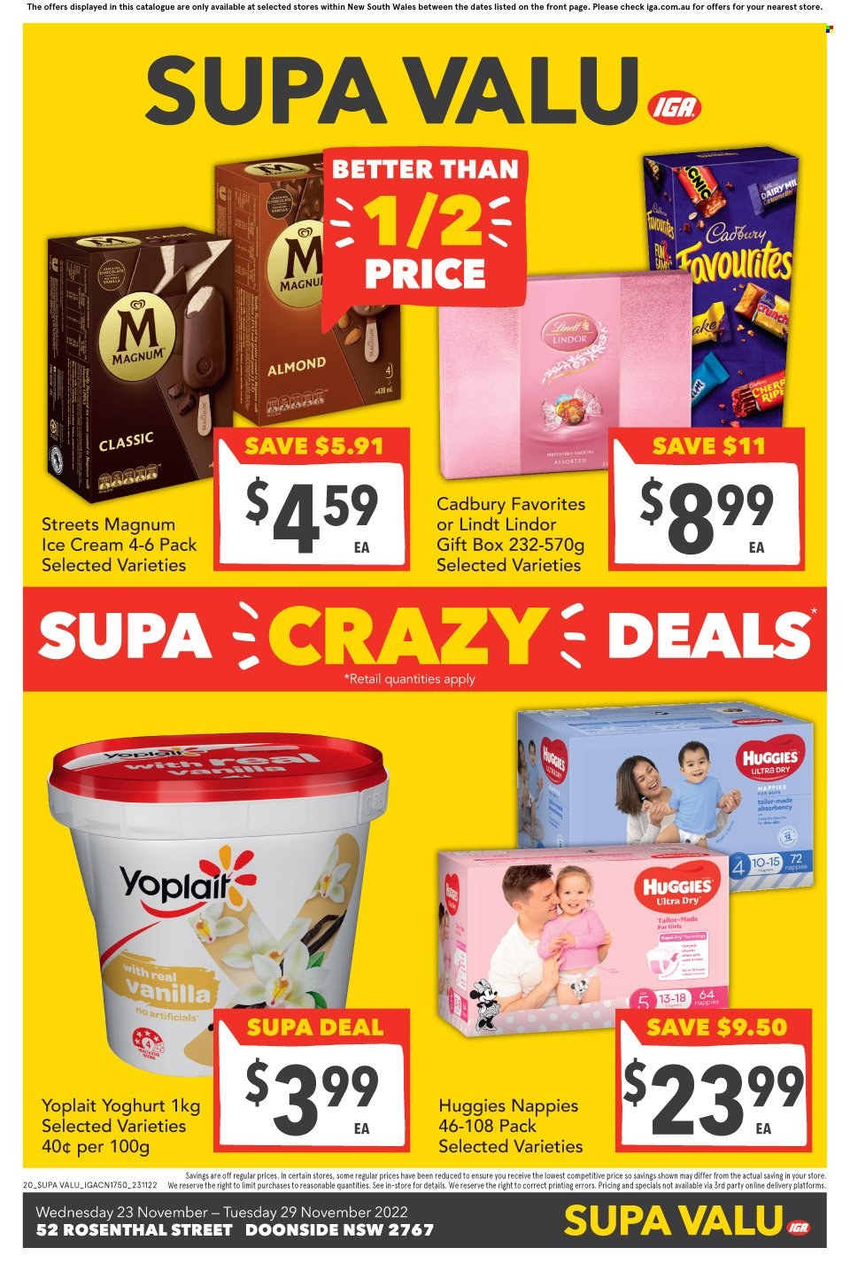 thumbnail - SUPA VALU Catalogue - 23 Nov 2022 - 29 Nov 2022 - Sales products - yoghurt, Yoplait, Magnum, ice cream, Lindt, Lindor, Cadbury, Huggies, nappies, gift box. Page 2.