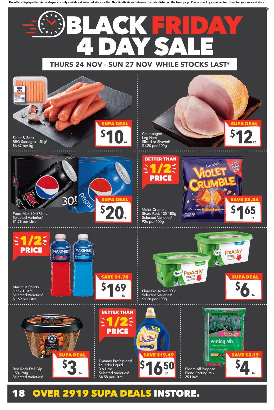 thumbnail - SUPA VALU Catalogue - 23 Nov 2022 - 29 Nov 2022 - Sales products - ham, sausage, leg ham, Flora, dip, Pepsi, Pepsi Max, laundry detergent. Page 19.