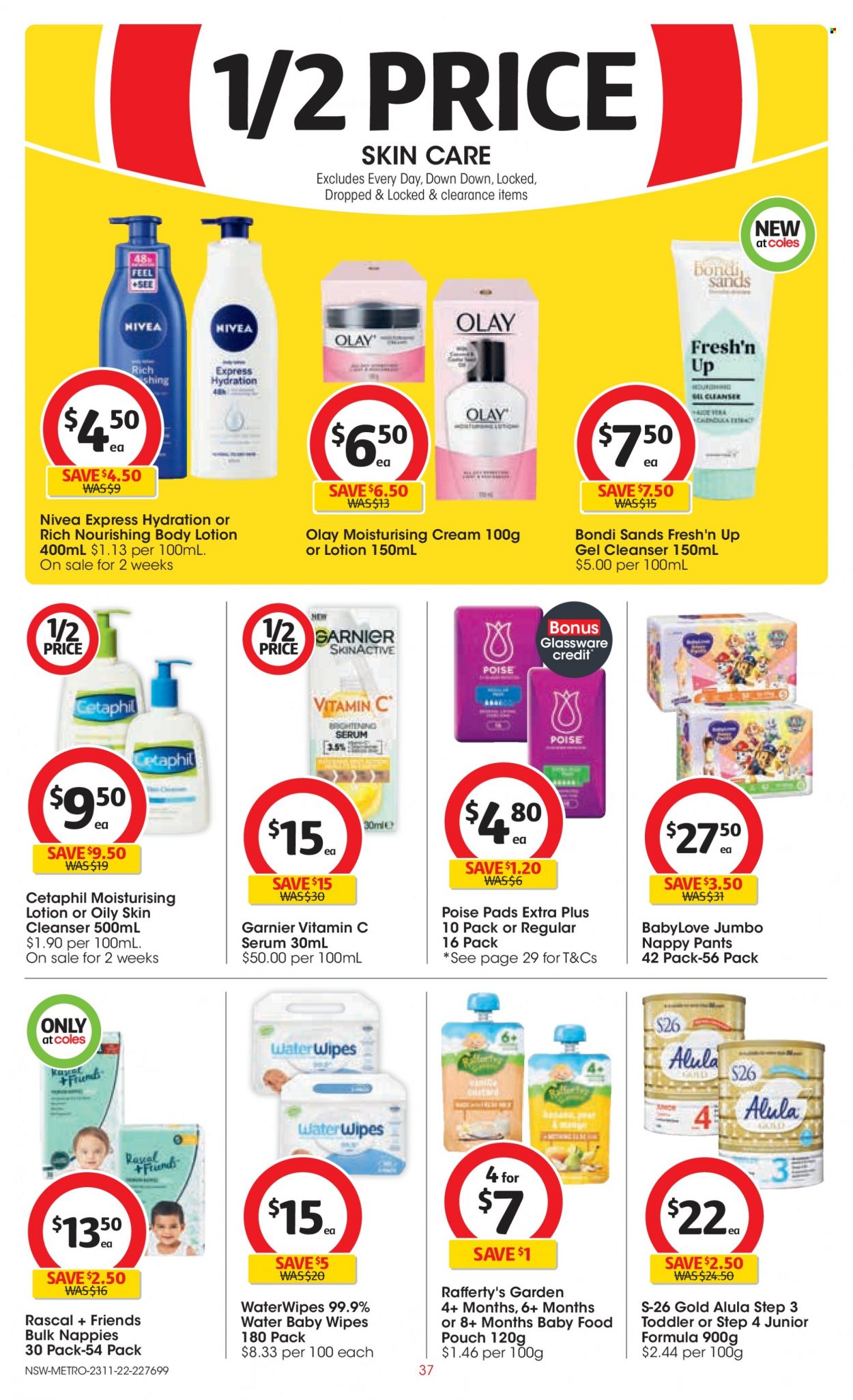thumbnail - Coles Catalogue - 23 Nov 2022 - 29 Nov 2022 - Sales products - custard, baby food pouch, wipes, pants, baby wipes, nappies, BabyLove, Nivea, brightening serum, cleanser, Garnier, serum, Olay, Bondi Sands, body lotion, glassware set, plant seeds. Page 37.