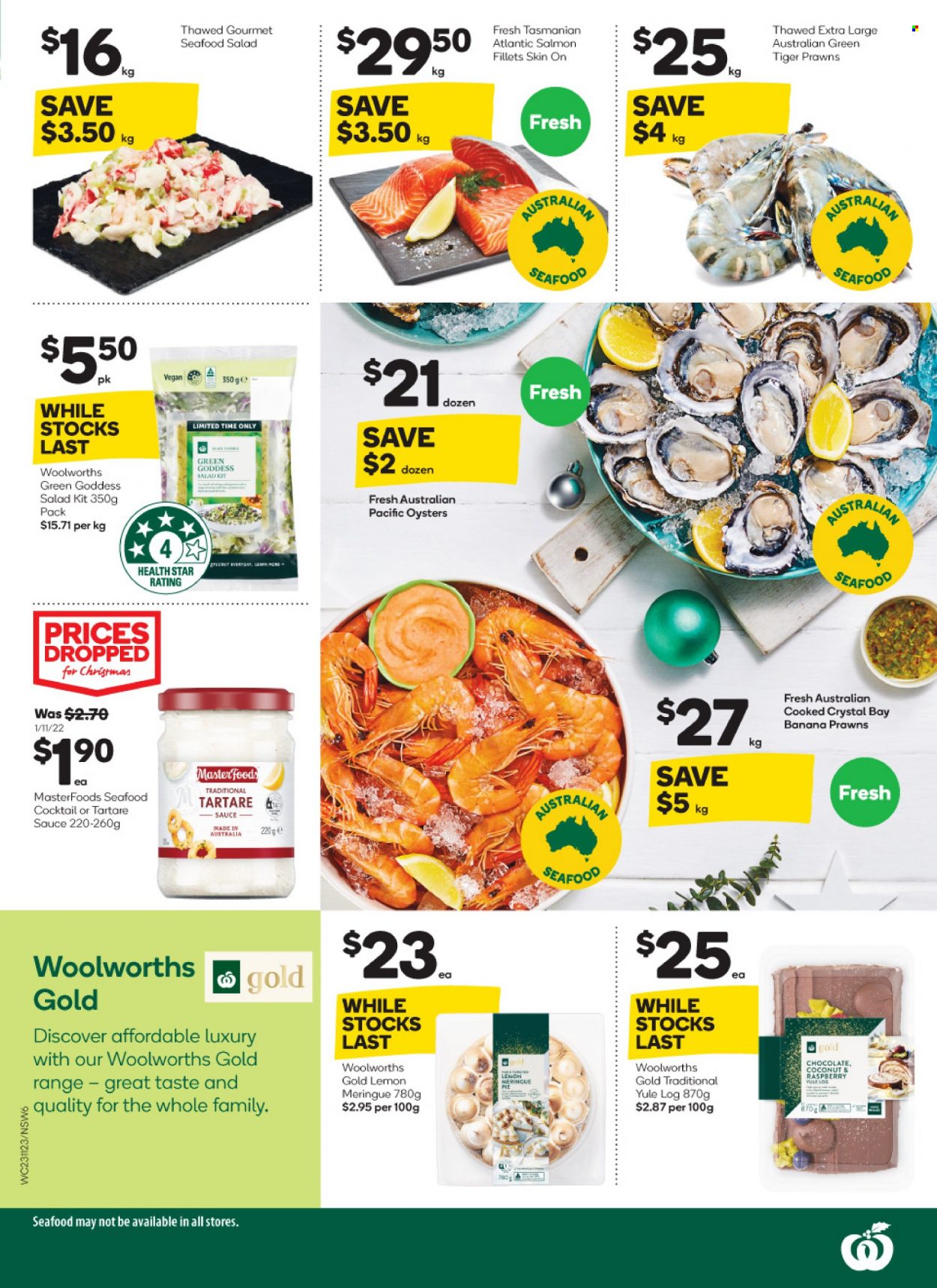 thumbnail - Woolworths Catalogue - 23 Nov 2022 - 29 Nov 2022 - Sales products - salad, salmon, salmon fillet, oysters, seafood, prawns, sauce, seafood salad, chocolate. Page 6.