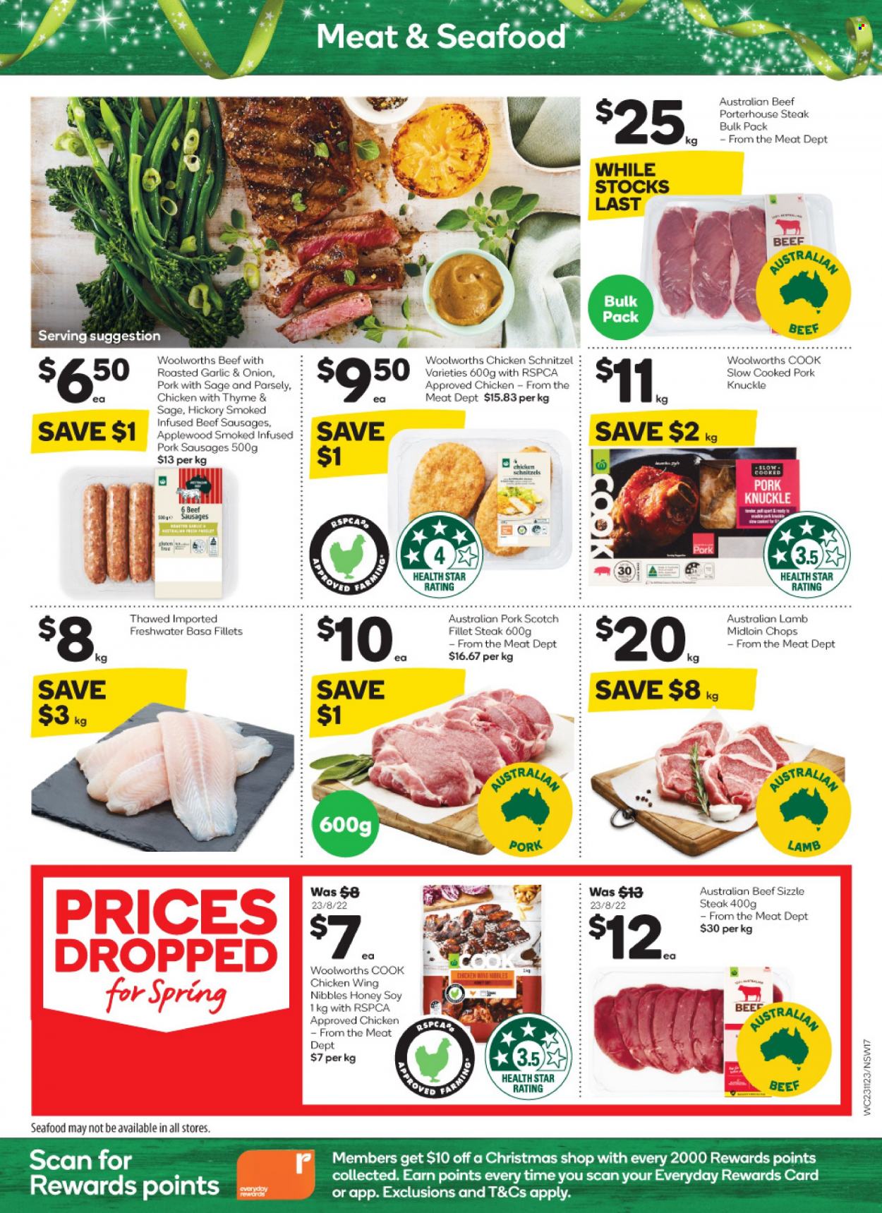 thumbnail - Woolworths Catalogue - 23 Nov 2022 - 29 Nov 2022 - Sales products - seafood, schnitzel, sausage, beef sausage, honey, steak. Page 17.