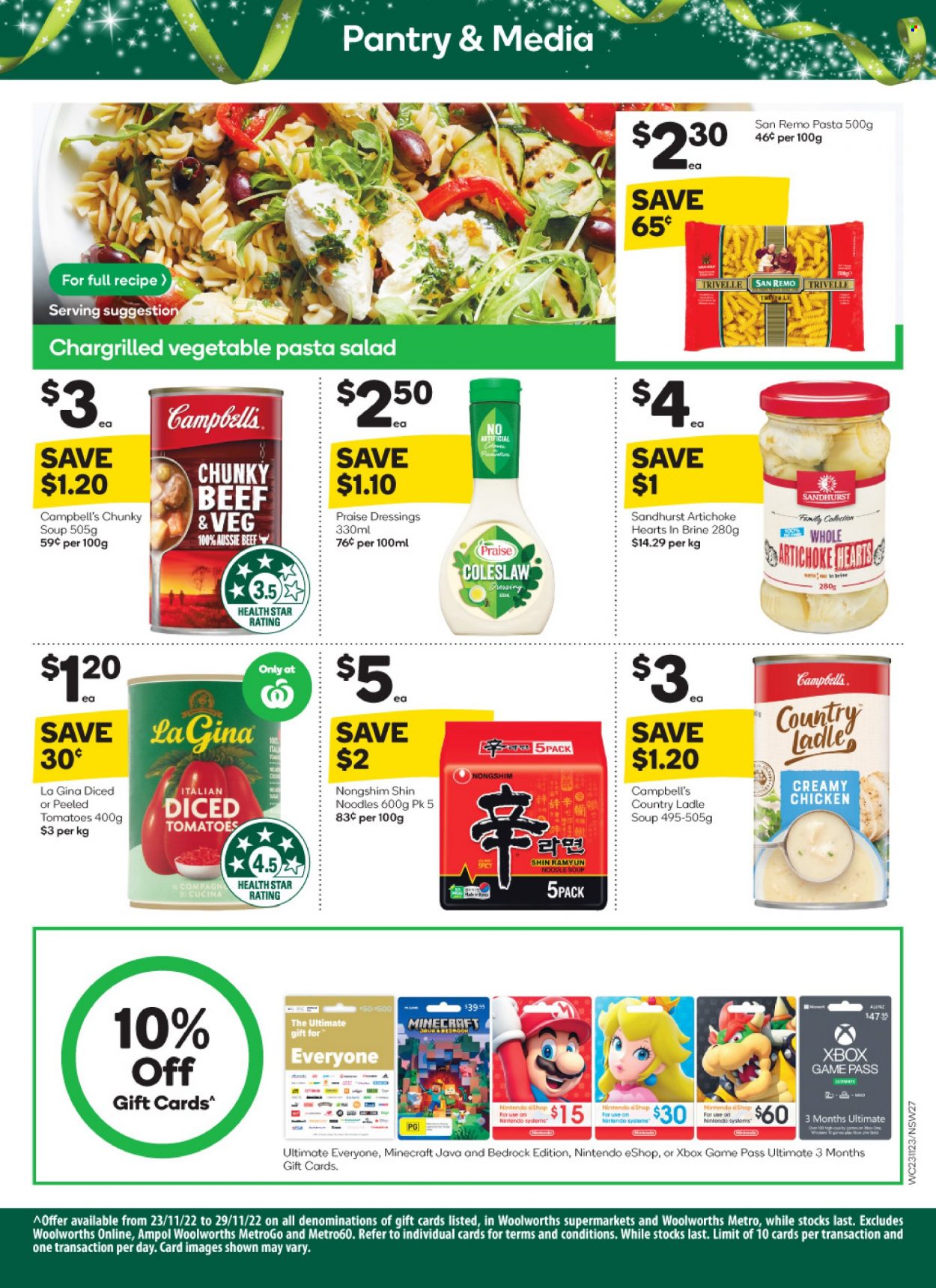 thumbnail - Woolworths Catalogue - 23 Nov 2022 - 29 Nov 2022 - Sales products - tomatoes, Campbell's, coleslaw, soup, pasta, noodles cup, noodles, pasta salad, diced tomatoes, dressing, coleslaw dressing, Aussie. Page 27.