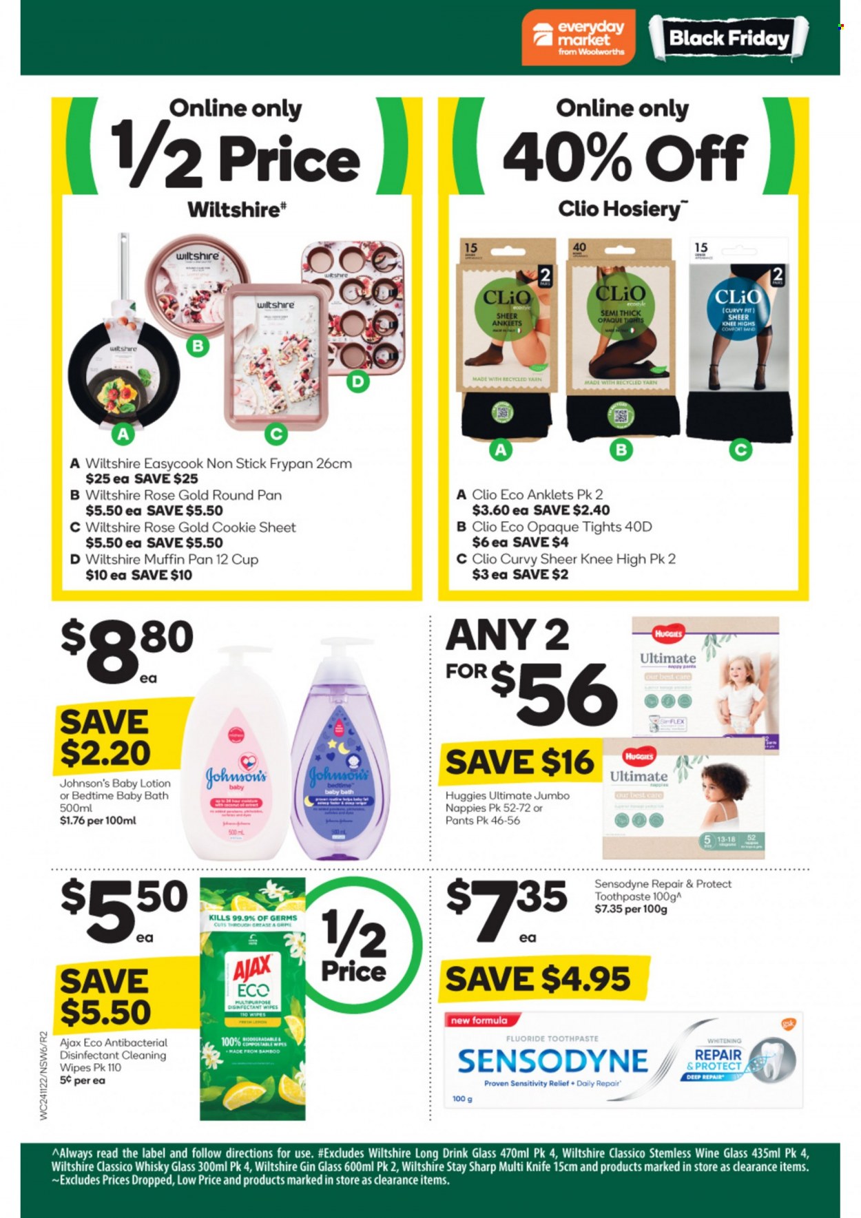 thumbnail - Woolworths Catalogue - 23 Nov 2022 - 29 Nov 2022 - Sales products - Classico, gin, whisky, cleansing wipes, wipes, Huggies, pants, nappies, Johnson's, baby bath, desinfection, Ajax Eco, Ajax, toothpaste, Sensodyne, body lotion, knife, wine glass, pan, cup, frying pan, Sharp, knitting wool, tights, hosiery. Page 6.