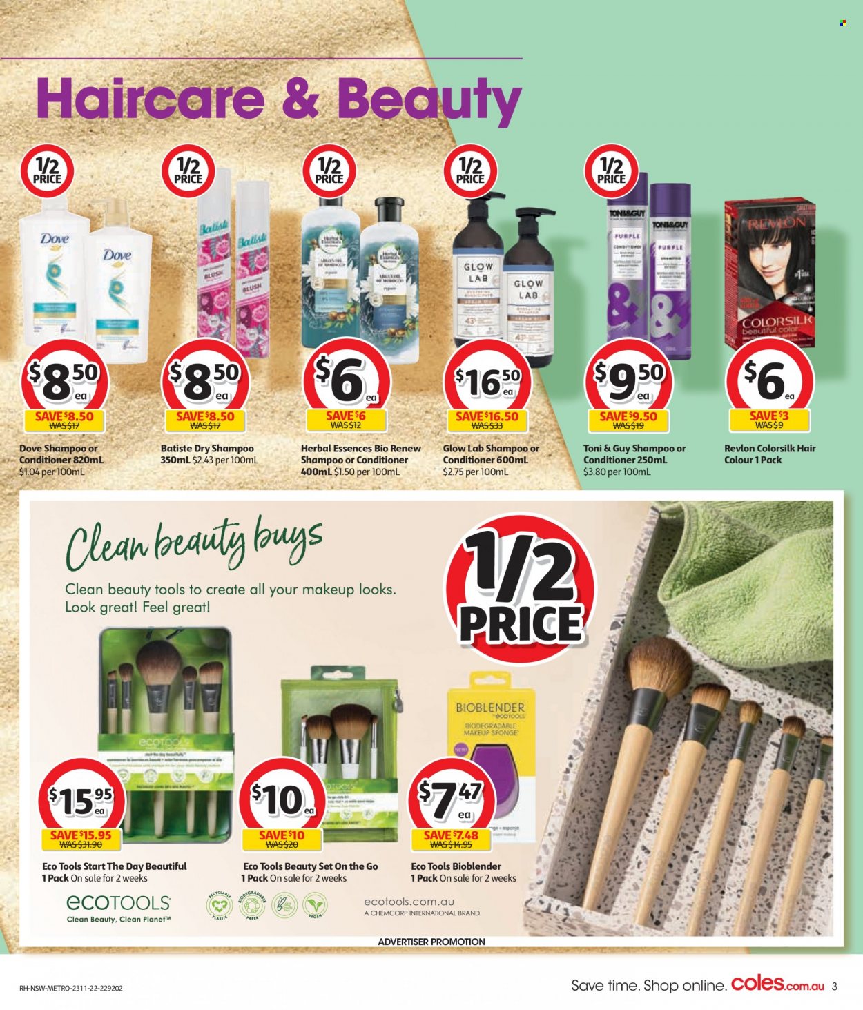 thumbnail - Coles Catalogue - 23 Nov 2022 - 29 Nov 2022 - Sales products - Dove, shampoo, conditioner, Revlon, hair color, Toni & Guy, Herbal Essences, makeup. Page 3.