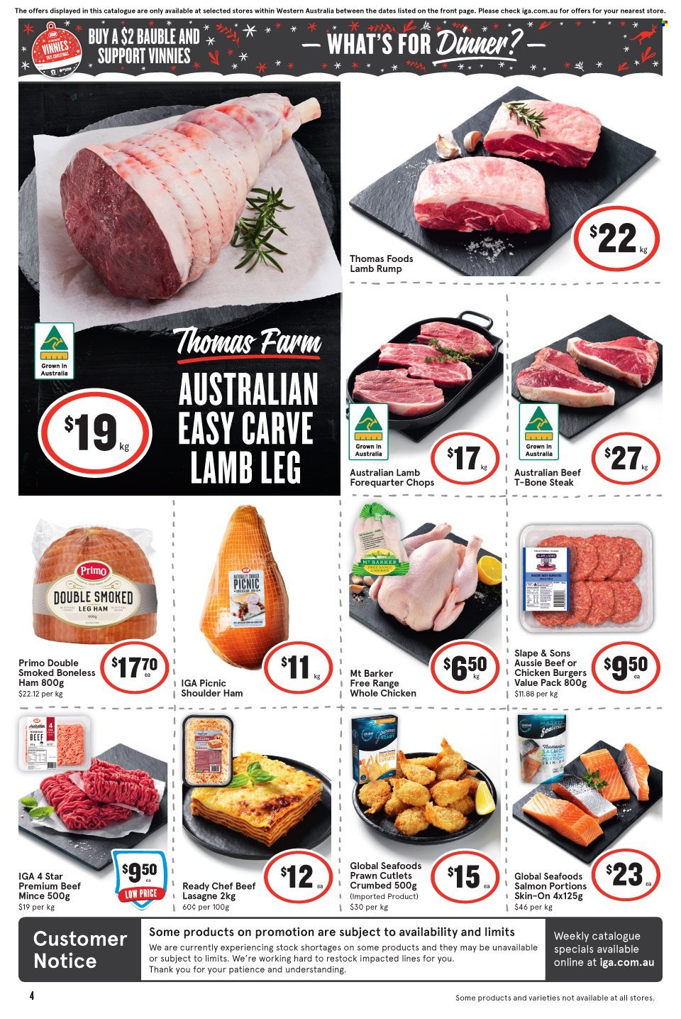 thumbnail - IGA Catalogue - 23 Nov 2022 - 29 Nov 2022 - Sales products - salmon, prawns, hamburger, lasagna meal, ham, leg ham, whole chicken, beef meat, ground beef, t-bone steak, steak, lamb meat, lamb leg, Aussie, bauble, Hape. Page 5.
