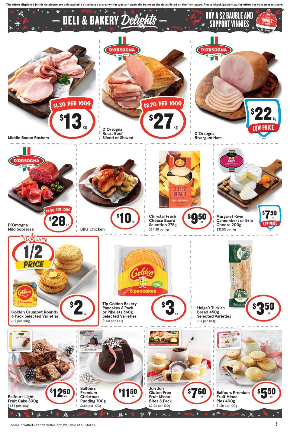 thumbnail - IGA Catalogue - 23 Nov 2022 - 29 Nov 2022 - Sales products - bread, cake, crumpets, Golden Crumpet, pancakes, bacon, ham, camembert, brie, pudding, beef meat, roast beef, cheese board, bauble. Page 6.