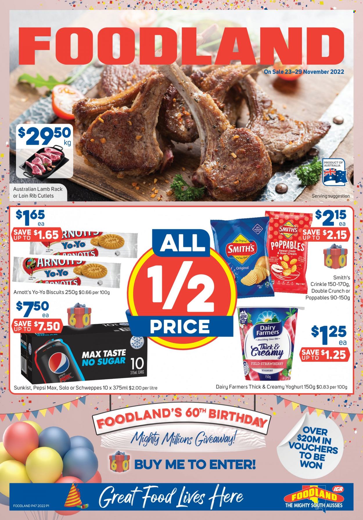 thumbnail - Foodland Catalogue - 23 Nov 2022 - 29 Nov 2022 - Sales products - potatoes, yoghurt, biscuit, Smith's, Schweppes, Pepsi, Pepsi Max, Aussie. Page 1.