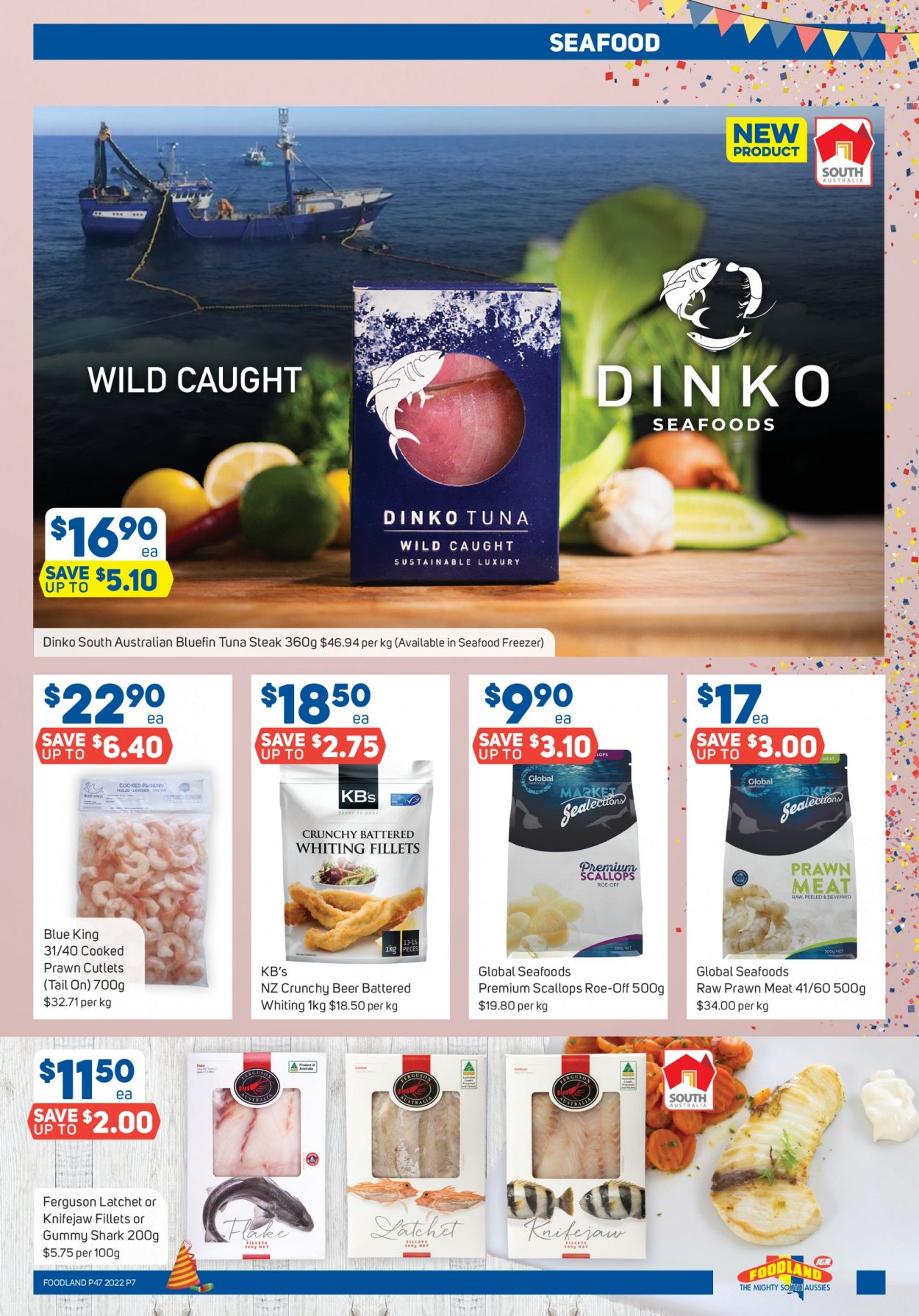 thumbnail - Foodland Catalogue - 23 Nov 2022 - 29 Nov 2022 - Sales products - scallops, tuna, seafood, prawns, whiting fillets, whiting, tuna steak, beer, steak. Page 7.