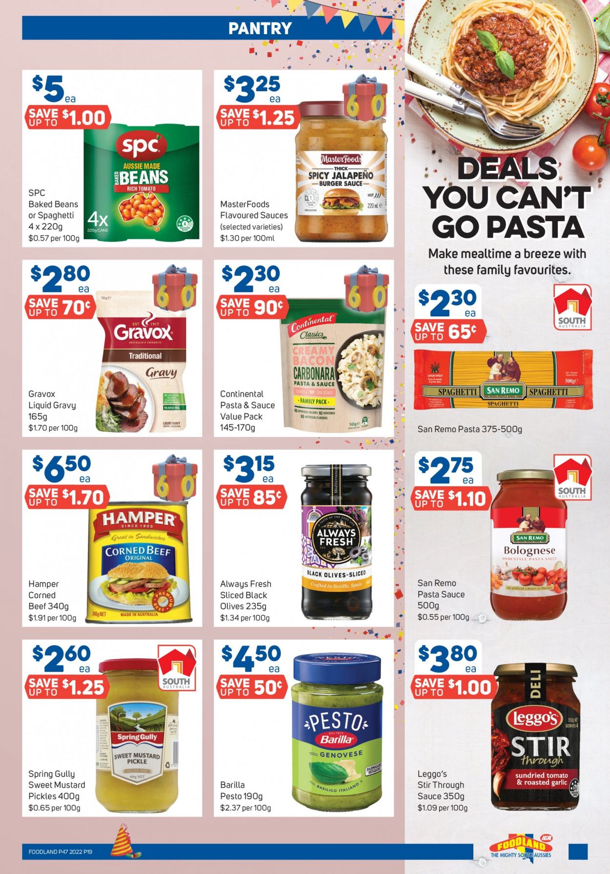 thumbnail - Foodland Catalogue - 23 Nov 2022 - 29 Nov 2022 - Sales products - jalapeño, pasta sauce, Barilla, Continental, bacon, hamper, corned beef, pickles, olives, baked beans, pesto, beef meat, Aussie. Page 19.