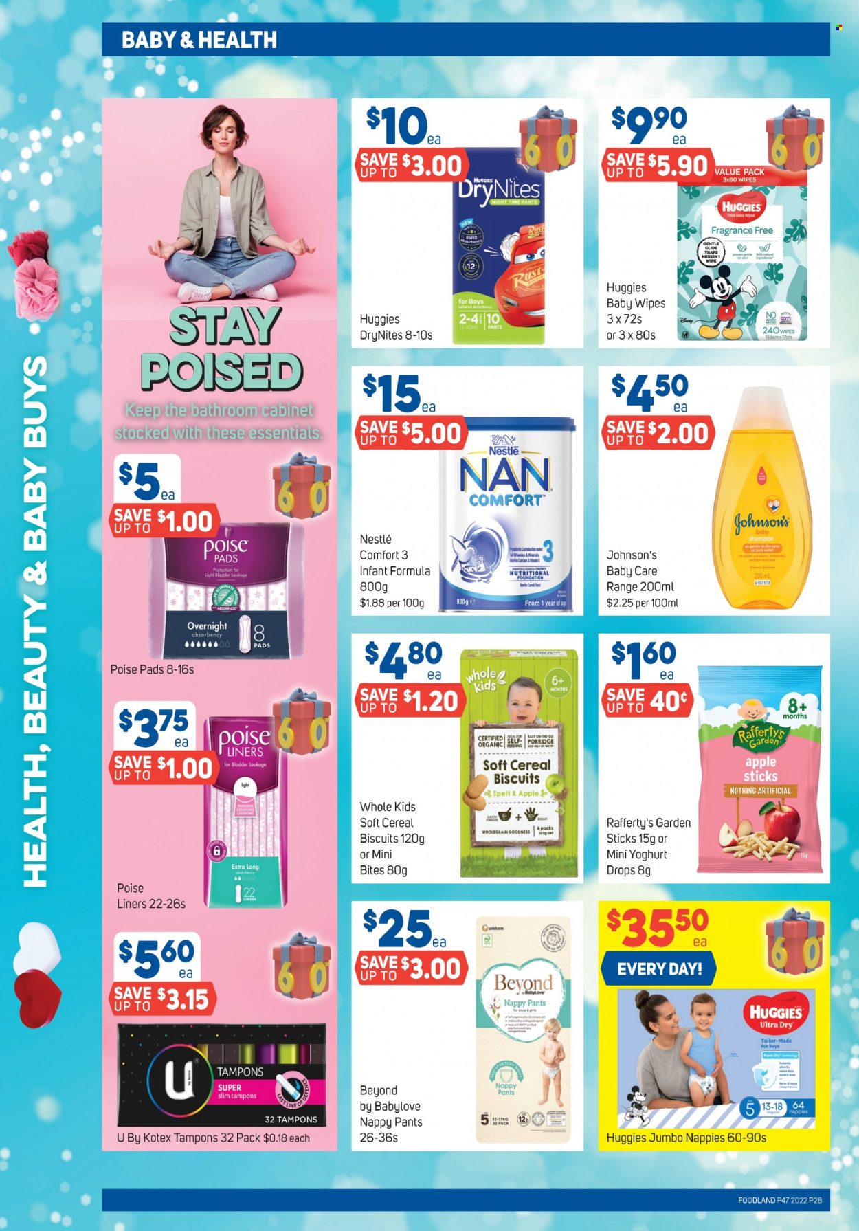 thumbnail - Foodland Catalogue - 23 Nov 2022 - 29 Nov 2022 - Sales products - Disney, yoghurt, milk, Nestlé, biscuit, cereals, porridge, purified water, Nestlé NAN, wipes, Huggies, pants, baby wipes, nappies, DryNites, Johnson's, BabyLove, shampoo, Kotex, tampons, Trust. Page 28.
