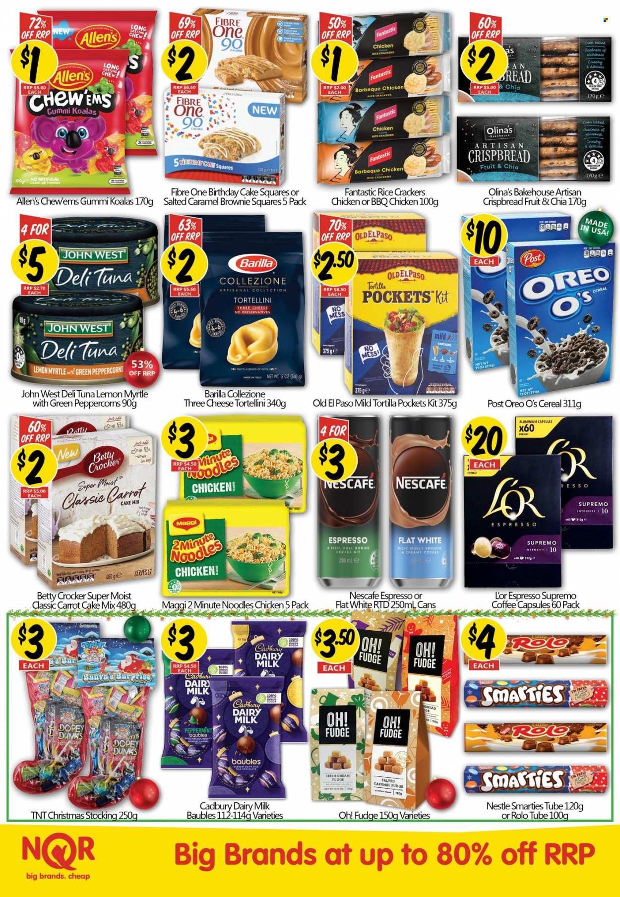 thumbnail - NQR Catalogue - 23 Nov 2022 - 6 Dec 2022 - Sales products - tortillas, Old El Paso, cake squares, birthday cake, crispbread, cake mix, tuna, instant noodles, tortellini, Barilla, noodles, cheese, Oreo, Nestlé, chocolate, Smarties, crackers, Cadbury, Dairy Milk, rice crackers, Maggi, baking mix, cereals, coffee, Nescafé, coffee capsules, L'Or, irish cream, bauble, mouse. Page 2.