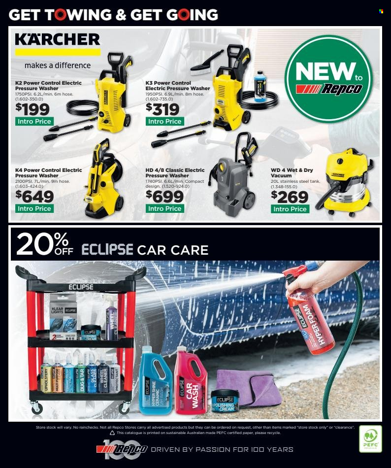 thumbnail - Repco Catalogue - 16 Nov 2022 - 13 Dec 2022 - Sales products - cleaner, electric pressure washer, pressure washer, Kärcher, Eclipse. Page 20.