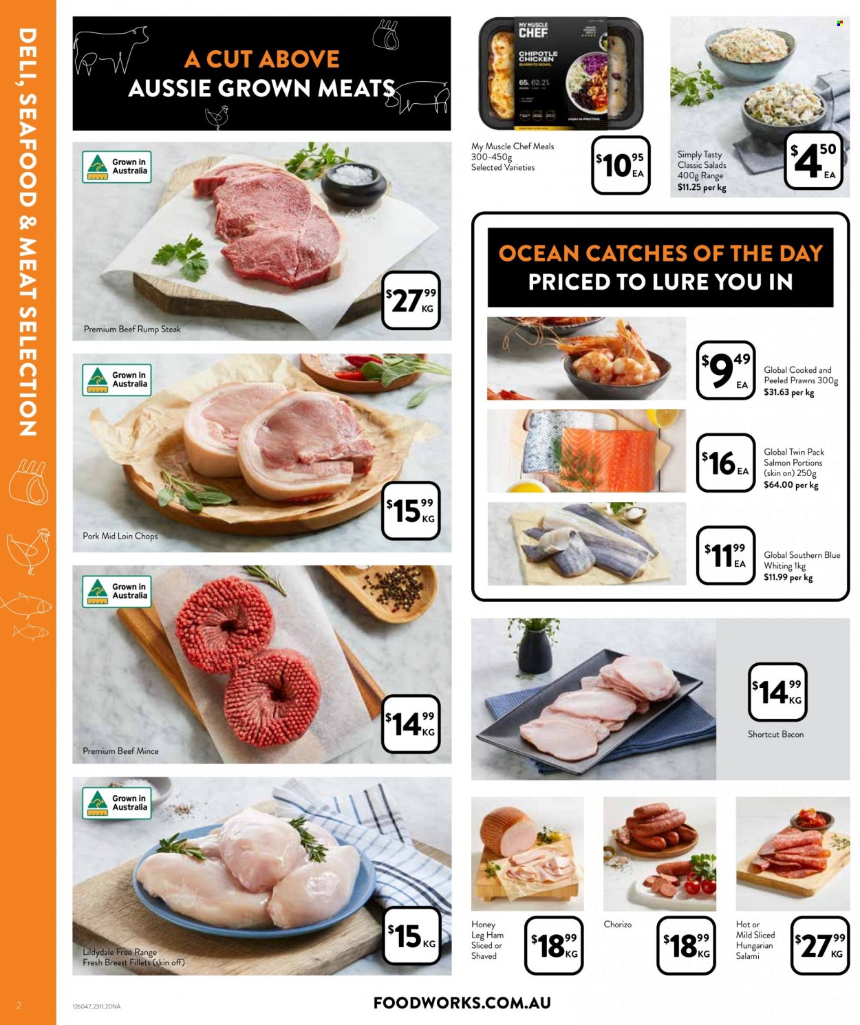 thumbnail - Foodworks Catalogue - 23 Nov 2022 - 29 Nov 2022 - Sales products - salmon, seafood, prawns, whiting, burrito, bacon, salami, ham, chorizo, leg ham, beef meat, ground beef, steak, rump steak, bowl. Page 2.